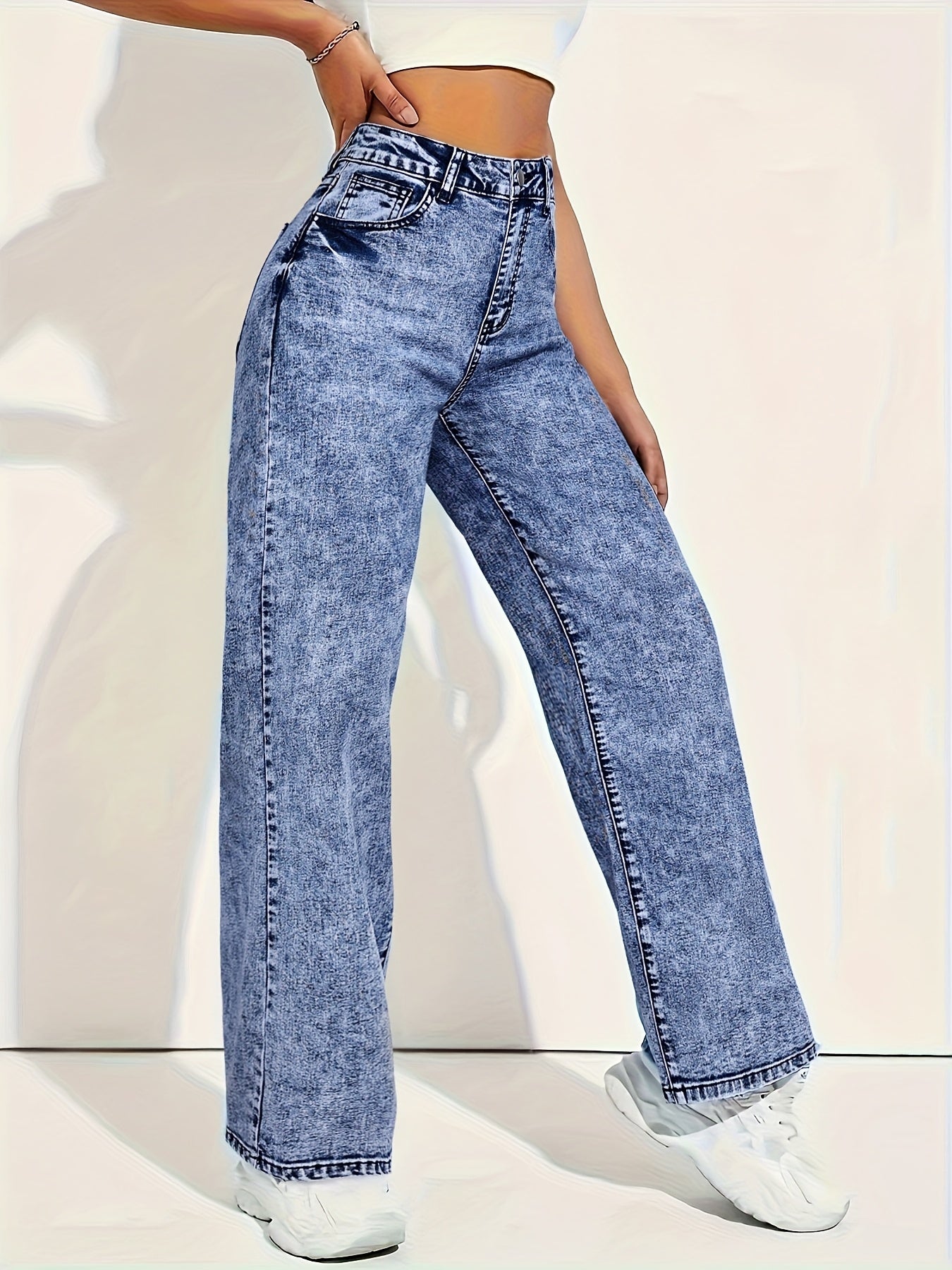 Jean Femme Droite à Motif Flocon – Denim Extensible, Détails Effilochés, Confort Tout-Saison