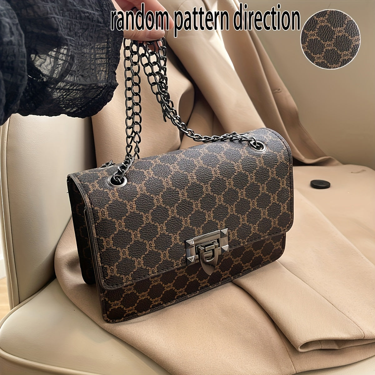 Sac à bandoulière pour femme – grand sac à main spacieux avec chaîne, porté épaule ou croisé, style élégant pour femmes mûres.