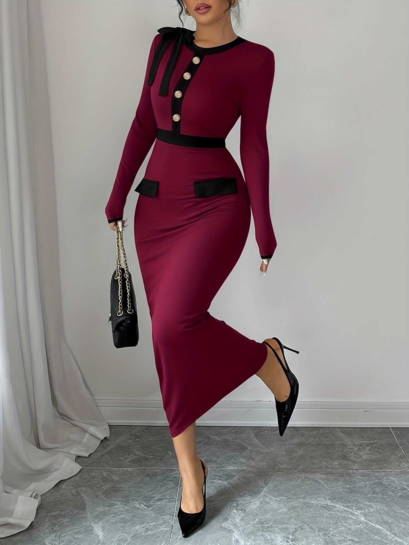 Elegant Color Block Long Sleeve Crew Neck Dress with Shoulder Bowknot | Bodycon Fit, Perfect for Daily Commute and Casual Wear