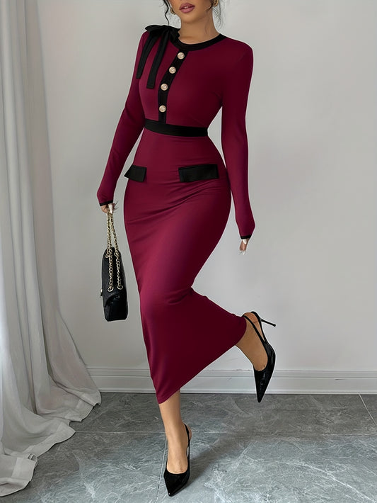 Elegant Color Block Long Sleeve Crew Neck Dress with Shoulder Bowknot | Bodycon Fit, Perfect for Daily Commute and Casual Wear