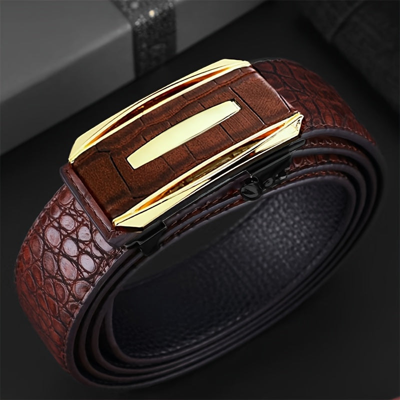 Ceinture Homme à Boucle Automatique en Cuir Synthétique – Motif Crocodile, Marron et Noir, Boucle en Alliage Doré, Style Élégant Décontracté et Professionnel, Parfaite pour Pantalons Habillés, Accessoire Formelle, Design Sophistiqué, Construction Durable