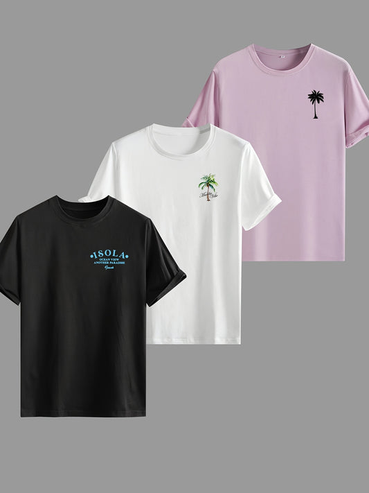 Men'S "MALIBU VIA California" Beach Coconut Tree Graphic T-Shirt - Casual Summer Tee with Palm Tree & Sunset Design, Short Sleeve, Round Neck, Knitted Fabric, Perfect for Outdoor Activities, Beachwear Tee | Relaxed Fit Tee |