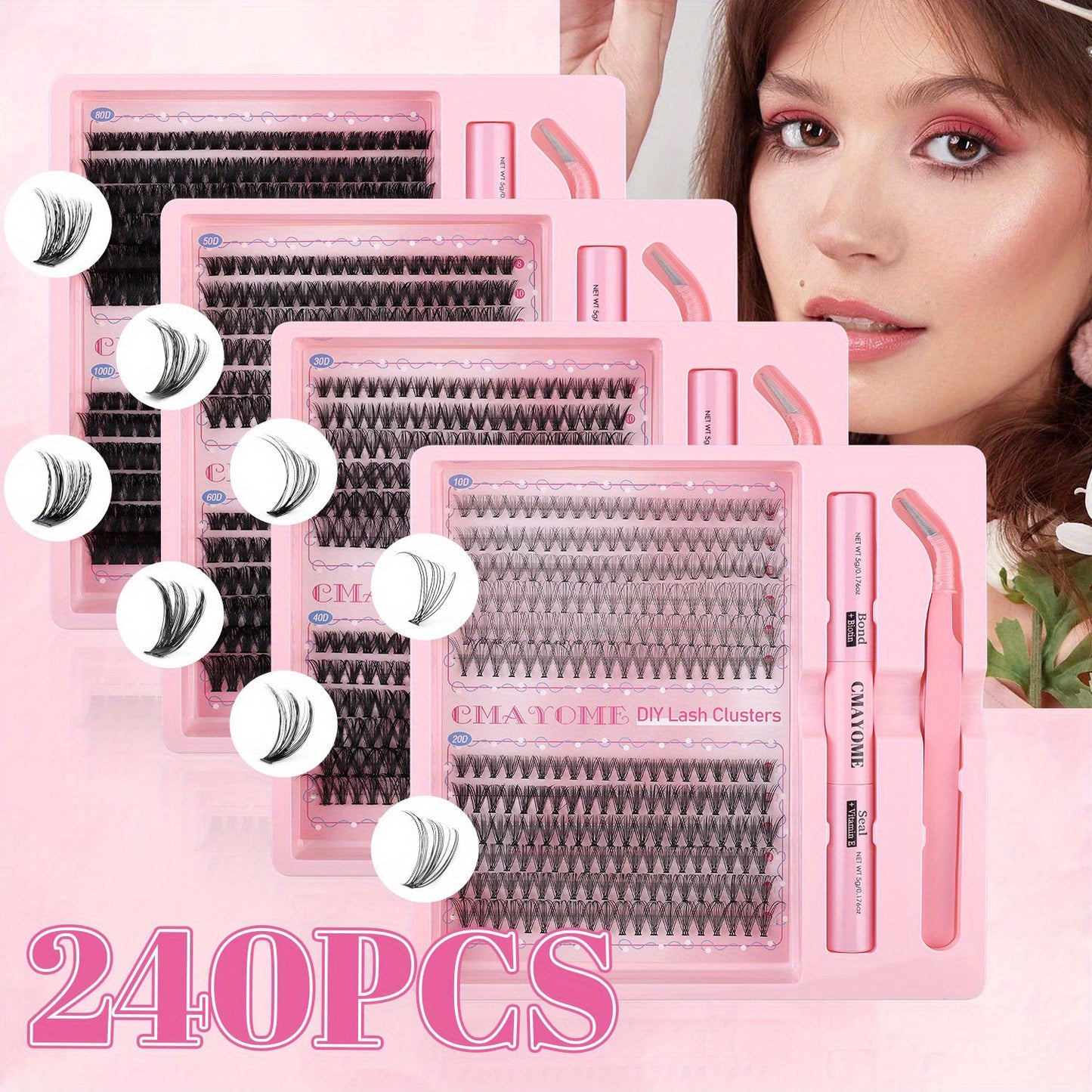 Kit d’extensions de cils DIY – cils naturels style fairy 30D/40D/50D/60D, longueurs mixtes 10-16 mm, courbure D, effet agrandissant les yeux, cils cartoon naturels, colle scellée et pince incluse