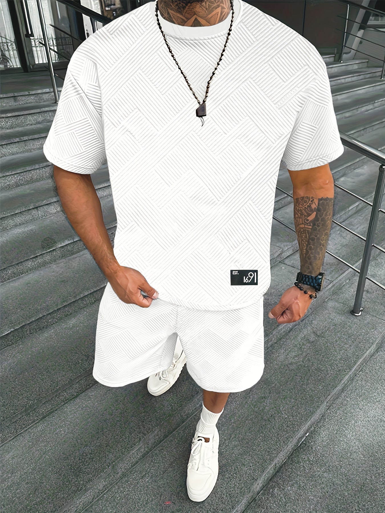 Star BOM Men's Trendy Round Neck T-Shirt Summer Jacquard Rhombus Design Casual Sportswear T-Shirt Shorts Set Two-Piece Set