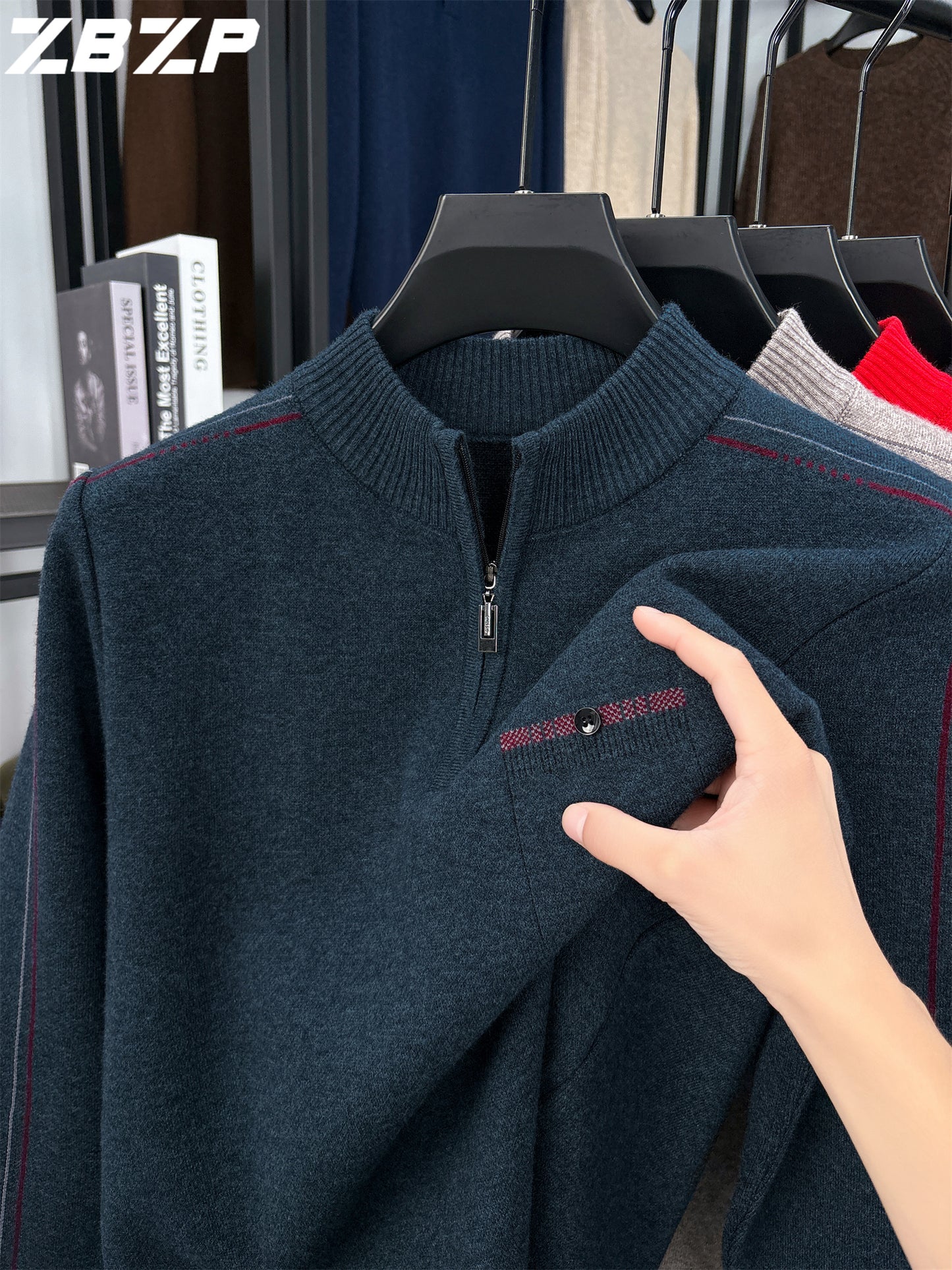 Men's Heavyweight Half-Zip Sweater - Stand Collar Zippered Winter Knit Sweater with Striped Collar & Back Logo, Dark Blue Casual Warm Pullover for Fall/Winter, Versatile Layering for Office & Casual Attire