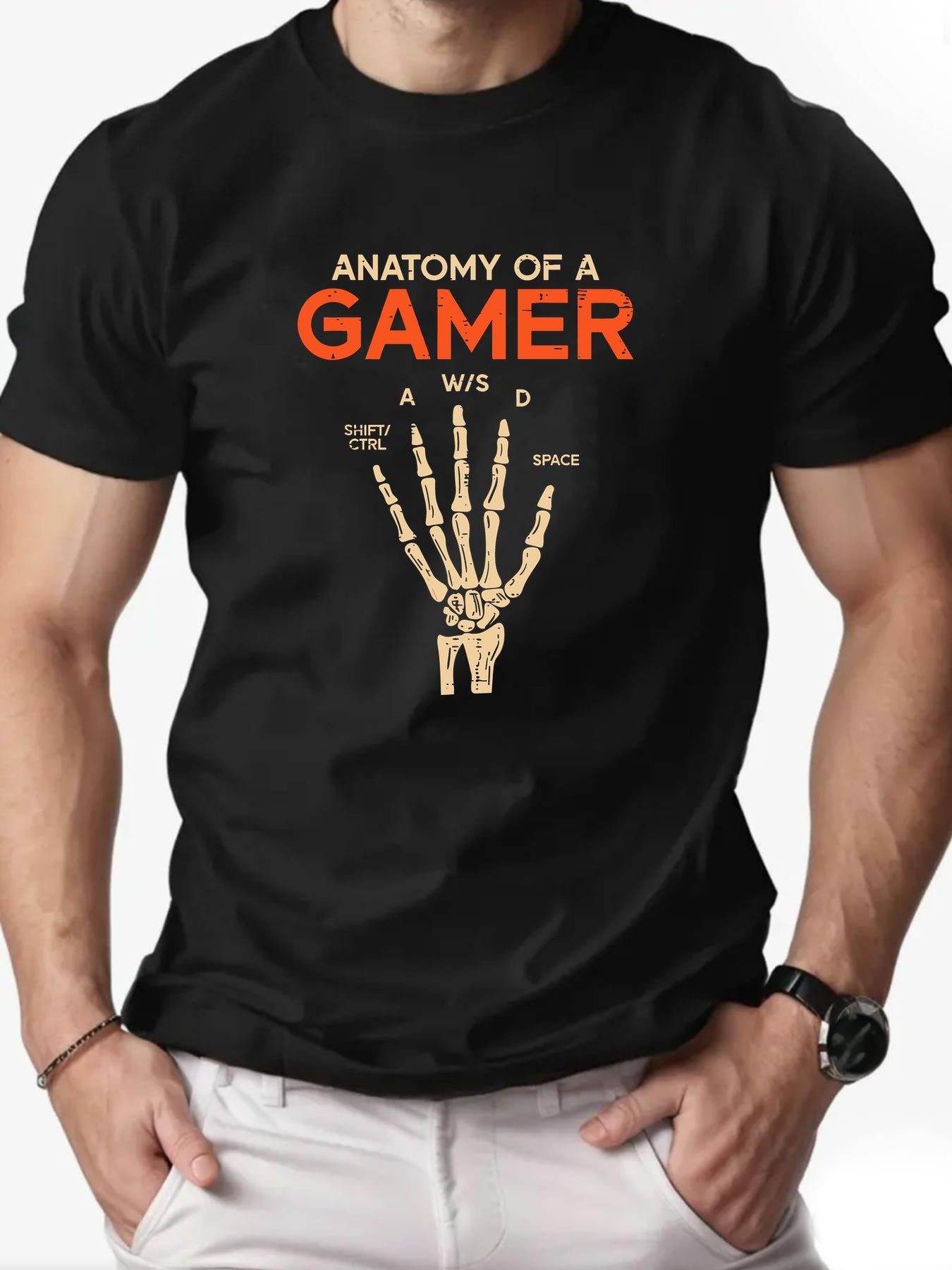 Men's Anatomy of a Gamer Graphic T-Shirt - Black Casual Short Sleeve Summer Tee with Skeleton Hand & Gaming Controls Design, Lightweight Round Neck Regular Fit for Adult Gamers, Gaming Shirt