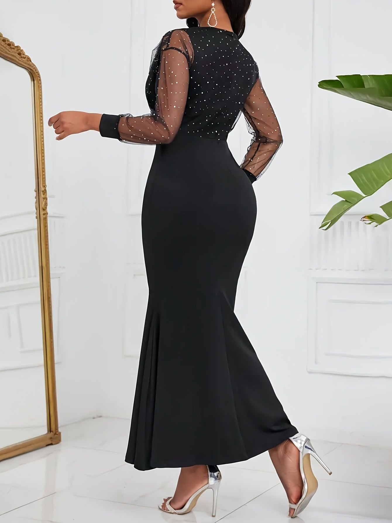 Women's Elegant Mermaid Evening Gown - Long Sleeve V-Neck Sequin Party Dress with Mesh Splicing, Heavy Mermaid Tail Skirt for Prom, Wedding, Cocktail Party - All-Season Formal Ball Dress (No Waistband, Hand Wash/Dry Clean)