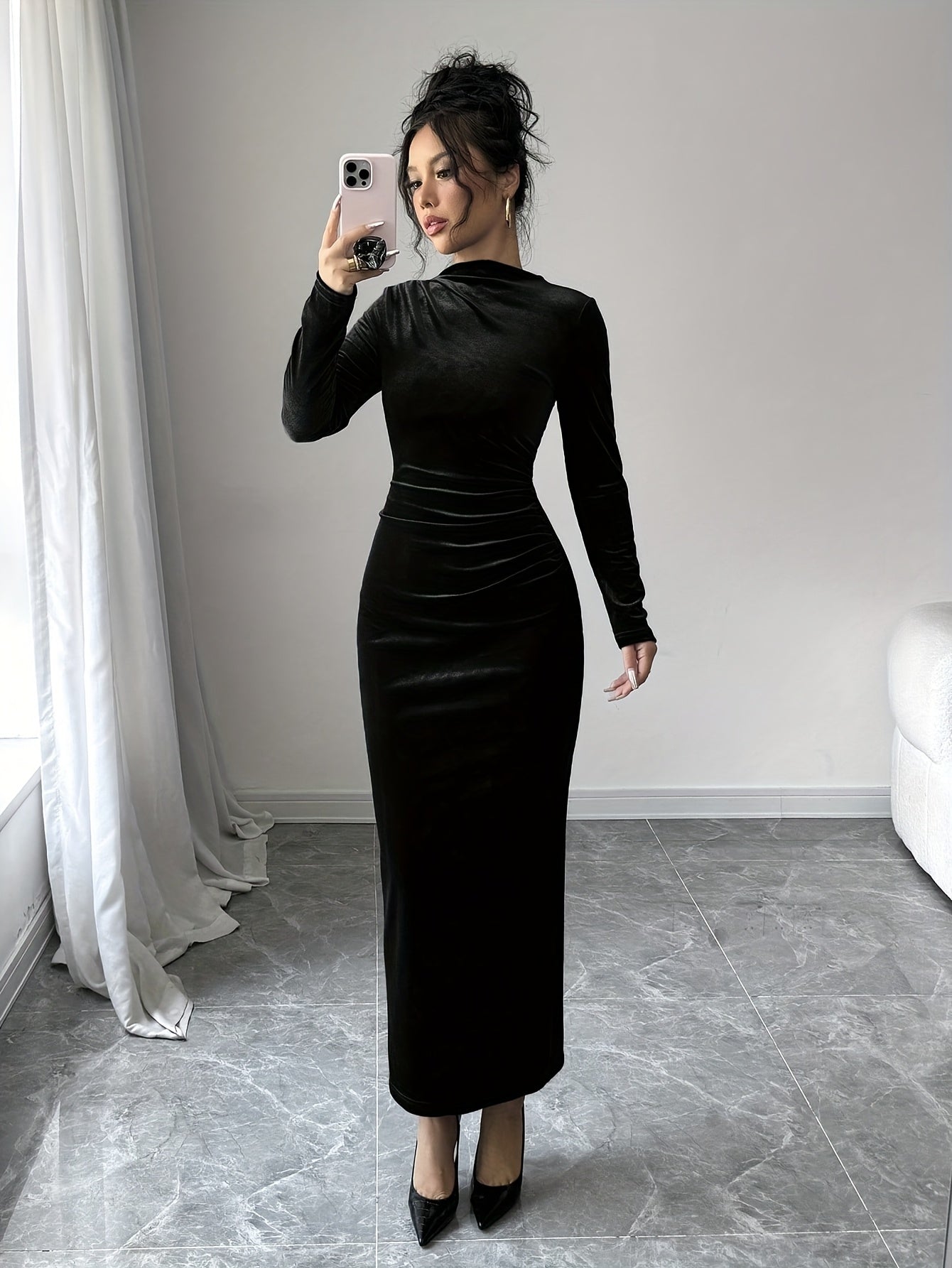 Women's Elegant Asymmetric Long Maxi Dress with Stand Collar & back slit - Solid Color Fitted Gown, Machine Washable Wedding Guest Gown, Prom Dress, for all-Season Wear - Formal Evening Dress