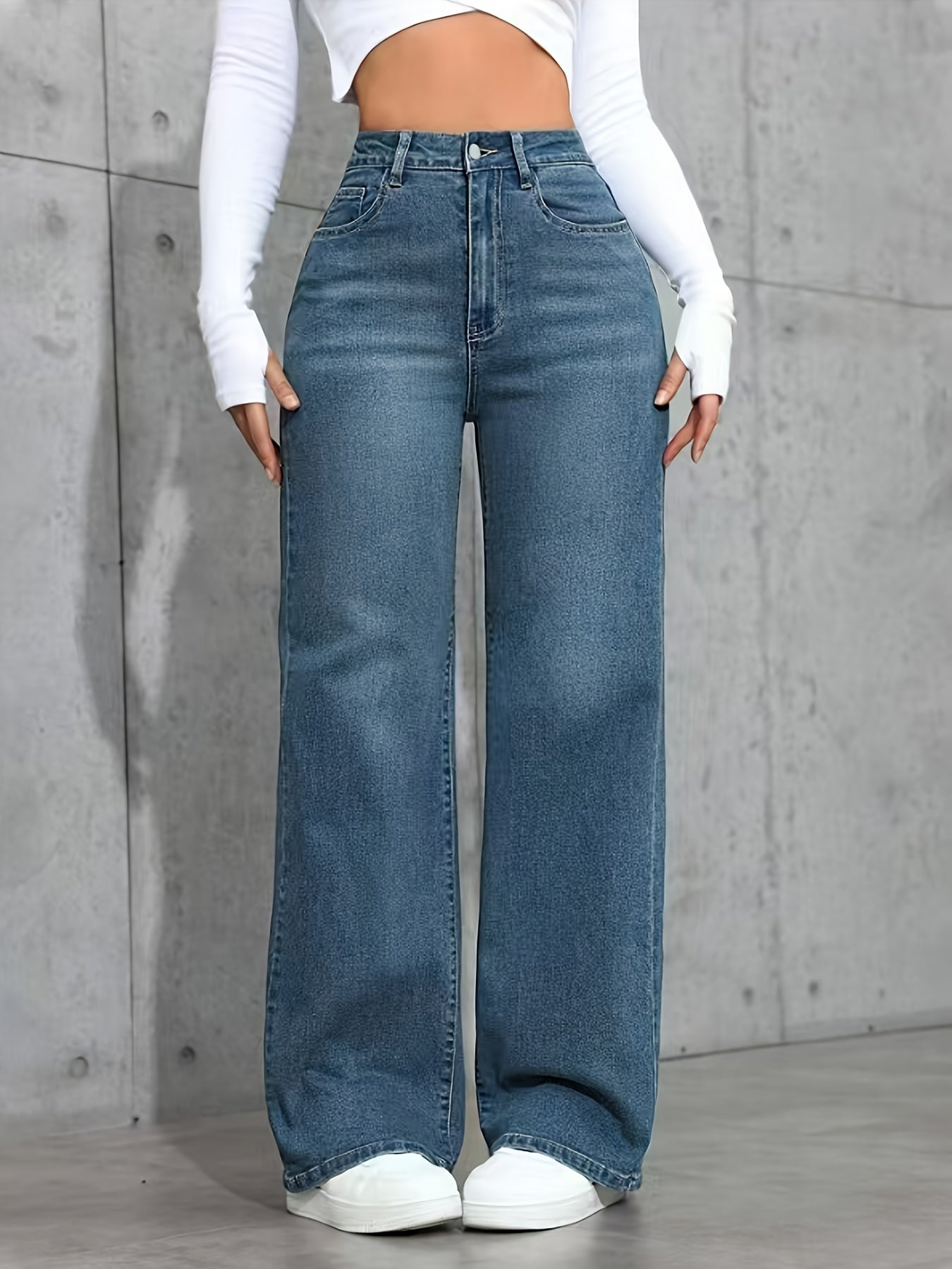 Jeans Femme Bleu – Taille Haute, Extensible, Jambe Droite Décontractée et Polyvalente