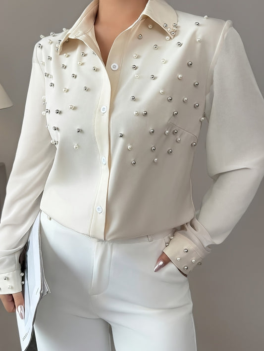 Chemisier grande taille pour femmes avec perles – haut élégant à manches longues, chemises longues pour femmes grande taille, blouse de haute qualité avec boutons, manches longues, idéal pour soirées et occasions habillées