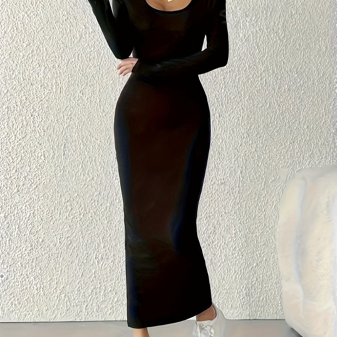 Women's Elegant Stretch A-Line Dress - Long Sleeve -Length Formal & Semi-Formal Wear, Wrinkle-Resistant Polyester/Elastane Blend, Machine Washable Wedding Guest Gown, Office to Party Dress (Spring/Autumn)