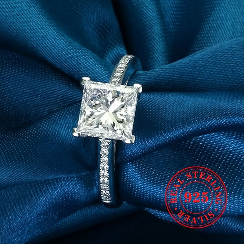 Women's S925 Sterling Silvery 4-Prong Princess Cut Cubic Synthetic Zirconia Engagement Wedding Ring, Premium Jewelry