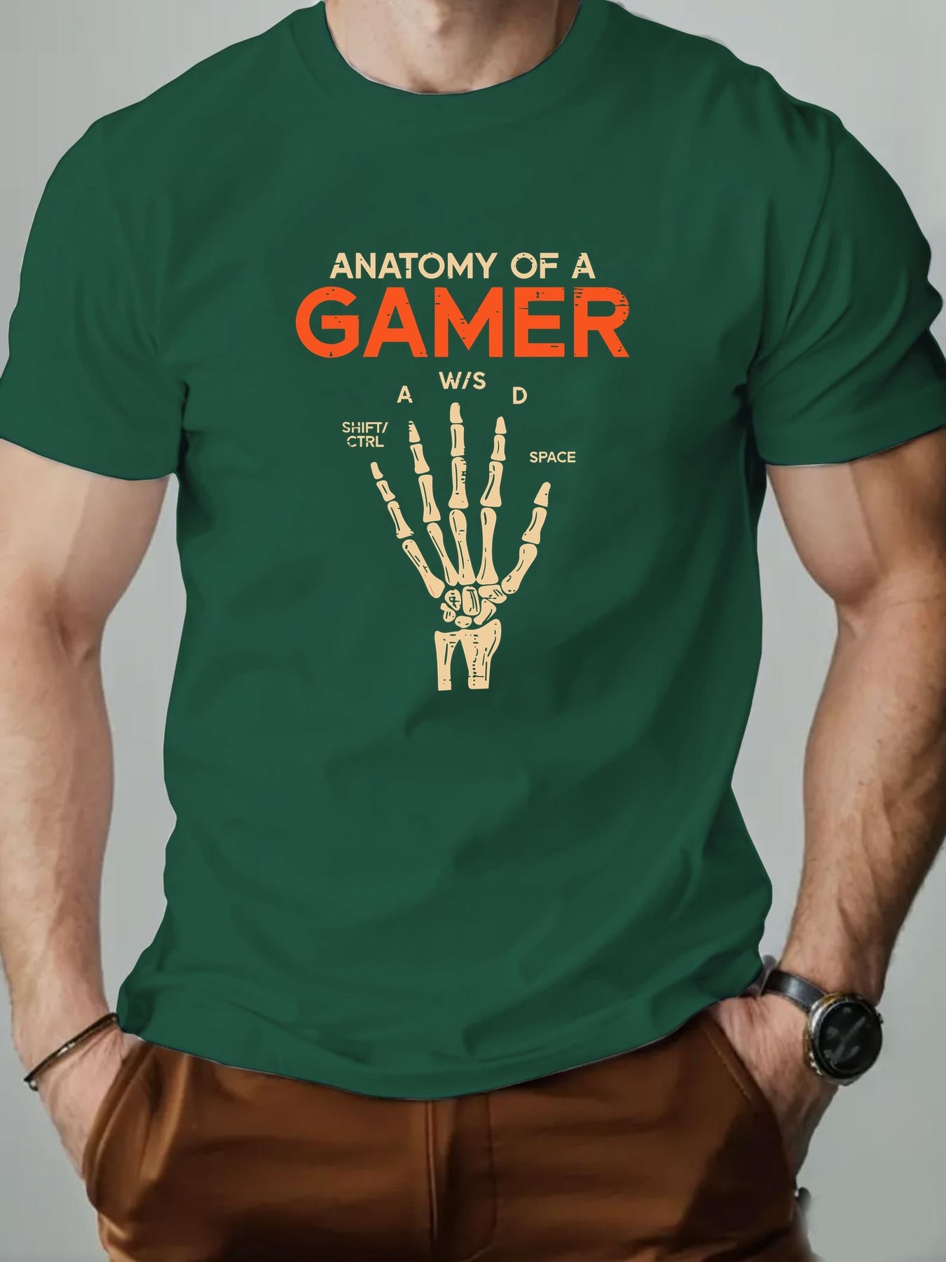 Men's Anatomy of a Gamer Graphic T-Shirt - Black Casual Short Sleeve Summer Tee with Skeleton Hand & Gaming Controls Design, Lightweight Round Neck Regular Fit for Adult Gamers, Gaming Shirt