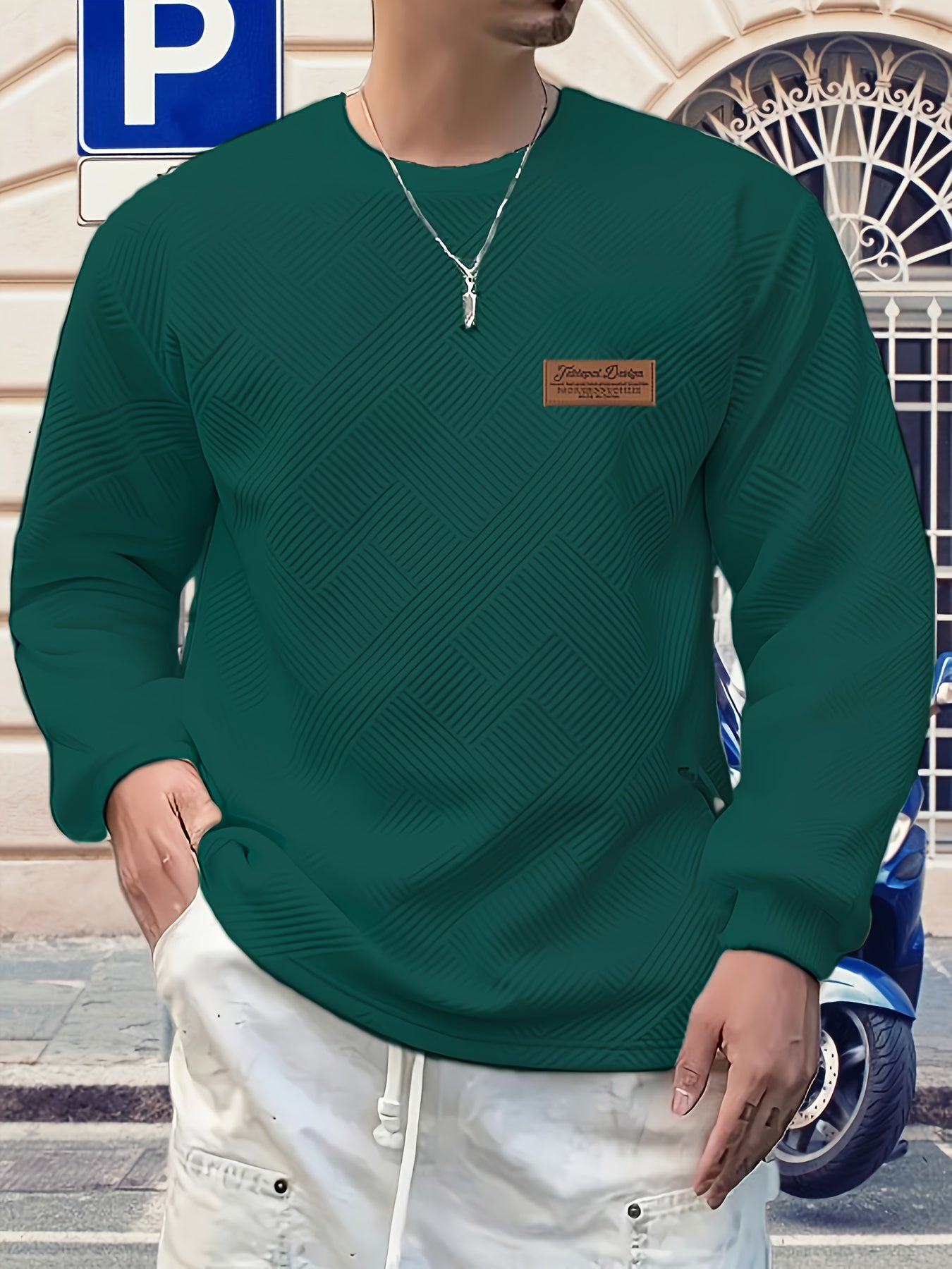 Christmas Men's Gift, Men's Fashion Sweatshirt, Heavyweight Jacquard Crewneck Long Sleeve, Spring/Autumn Casual Comfortable Top for Daily Outings