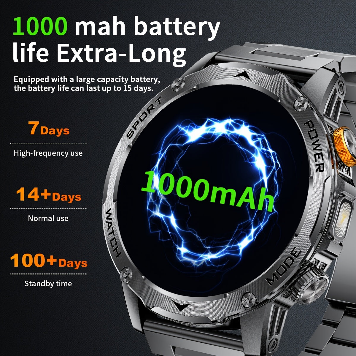 Montre Connectée Homme – Écran HD 4,45 cm, Plus de 50 Modes, Autonomie Ultra Longue avec Batterie 1000 mAh, Fonctions Téléphone, 110+ Modes Sport, Suivi du Sommeil, Podomètre, Compatible Android et iPhone, Lot de 3 Bracelets avec Lumière Flash