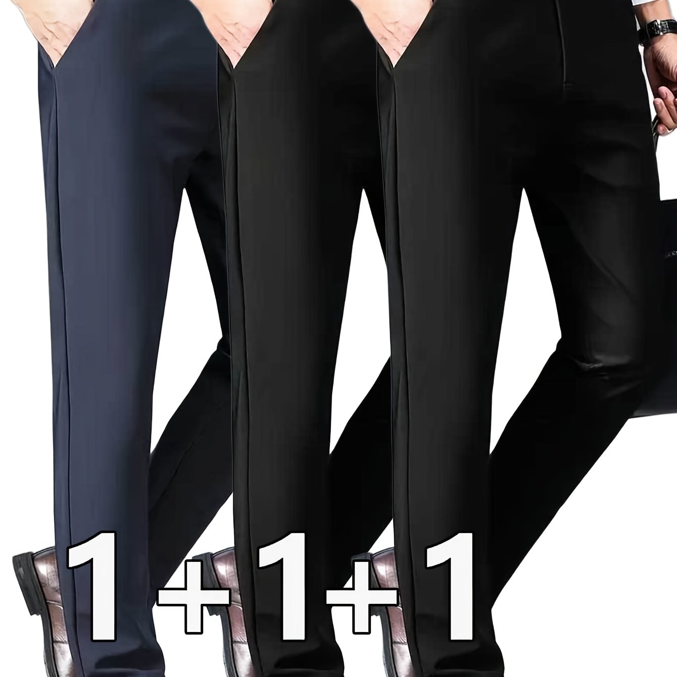 3pcs Pantalons Homme Classiques Stretch – Uni, Regular Fit, Tout Saison, Bureau & Casual