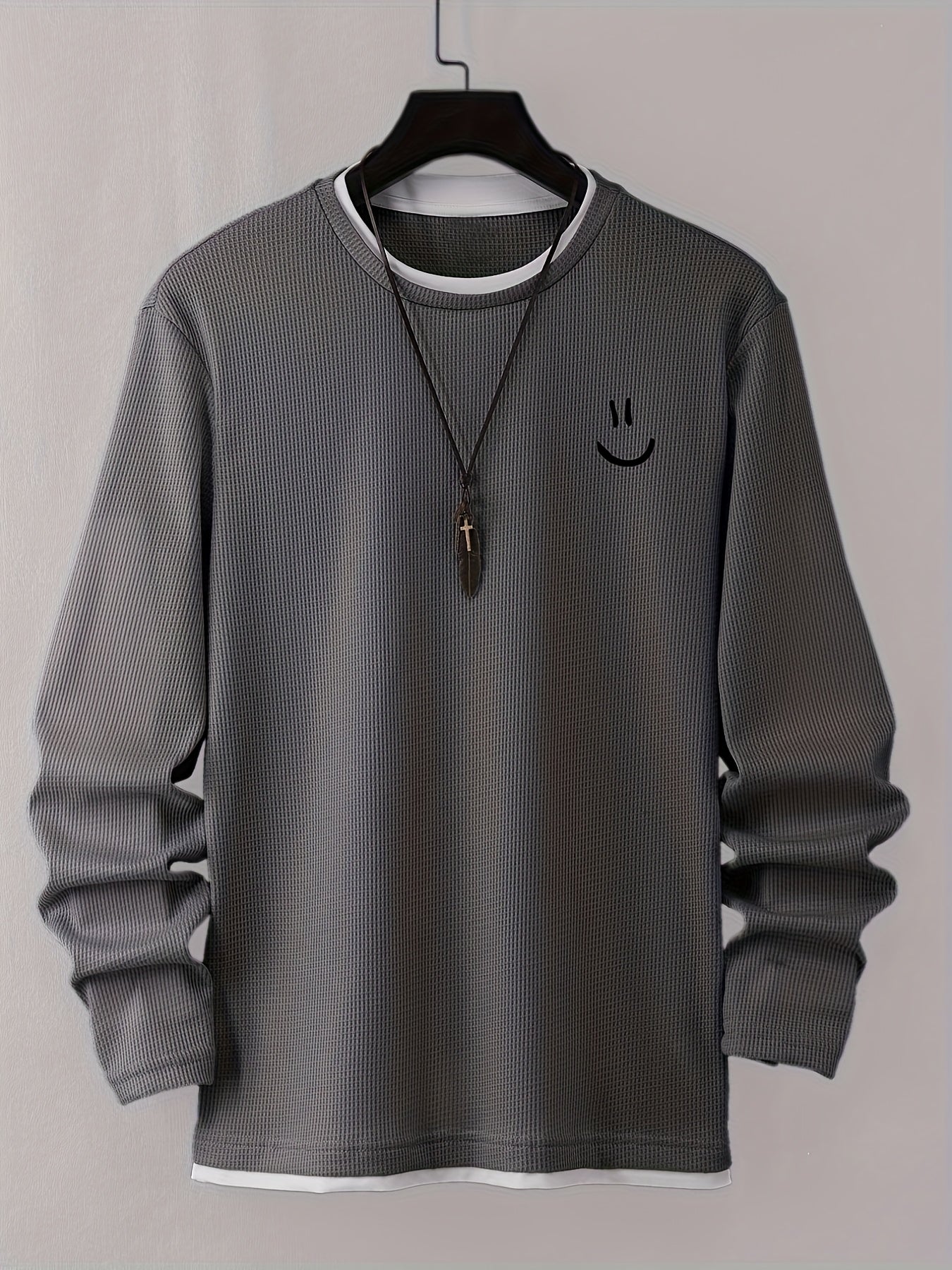 Stylish Cartoon joyful Print Comfortable Sweat-Absorbing Waffle Knit Men's Casual Long Sleeve T-Shirt