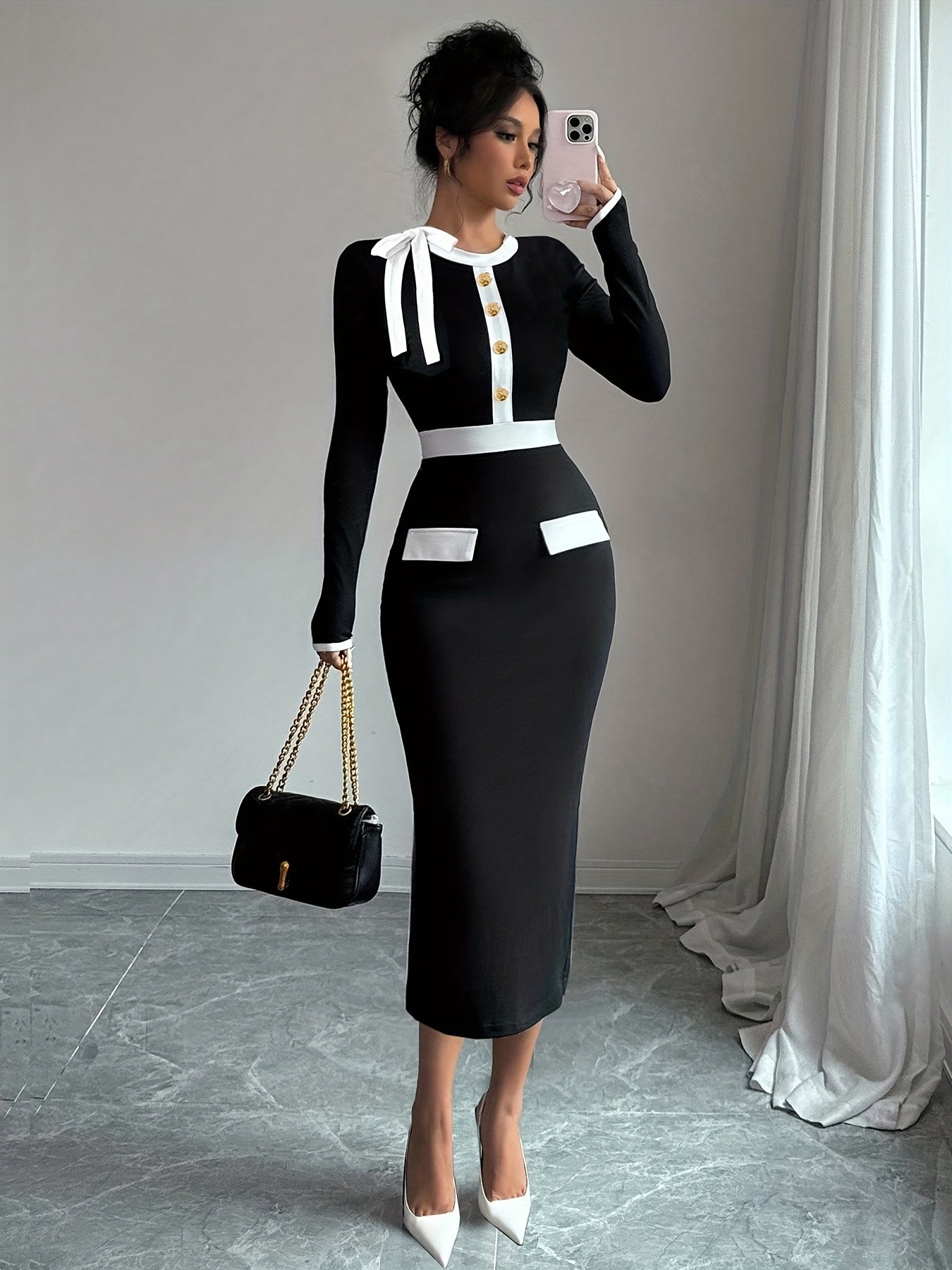 Elegant Fashion New Women'S Long Sleeve Bodycon Dress | Black and White Color Block, Sleek Contour, Crew Neck, Long Length