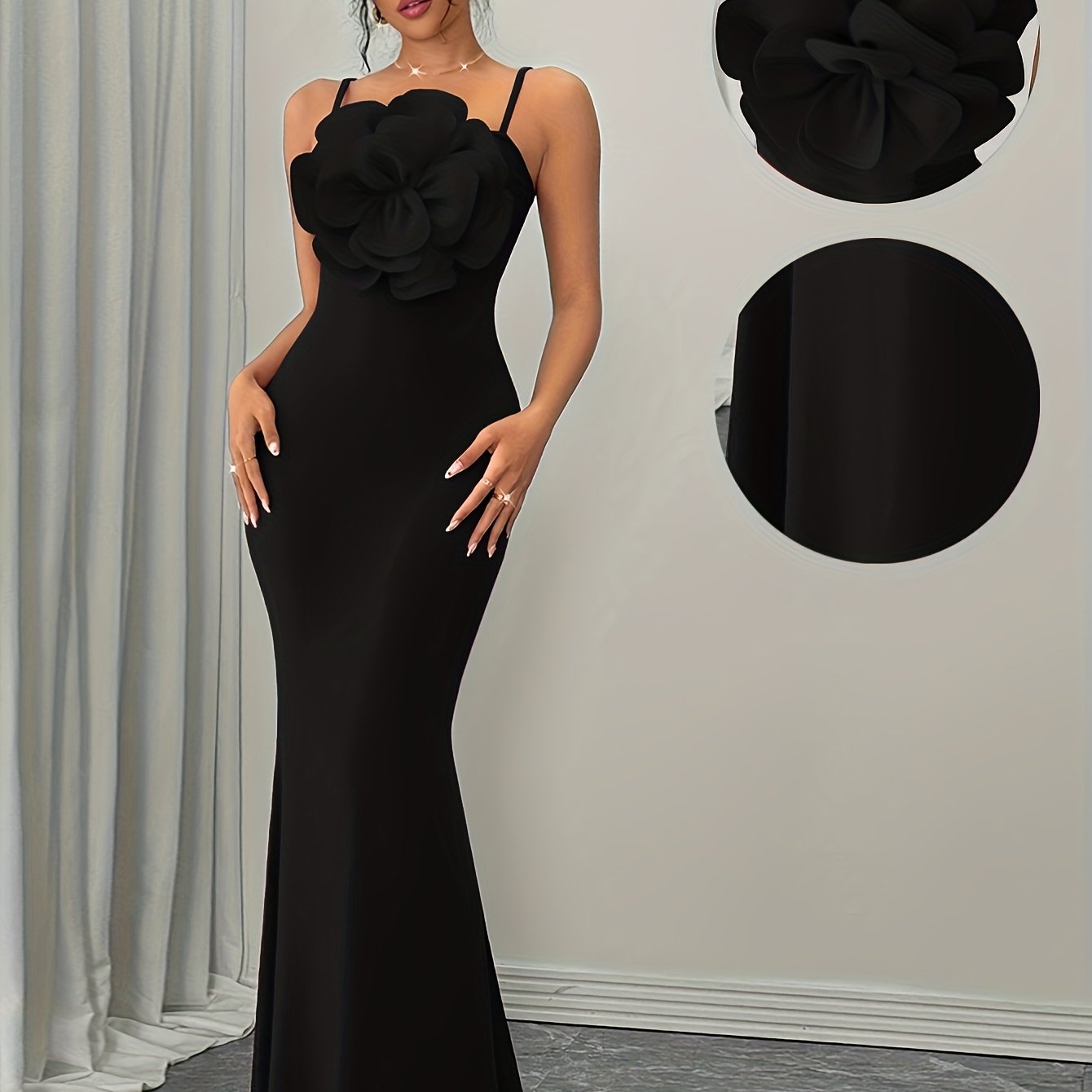 Ladies' Fashionable Temperament Red Bodycon Dress with Large Floral Design | Crew Neck, Solid Color, Suitable for All Seasons.