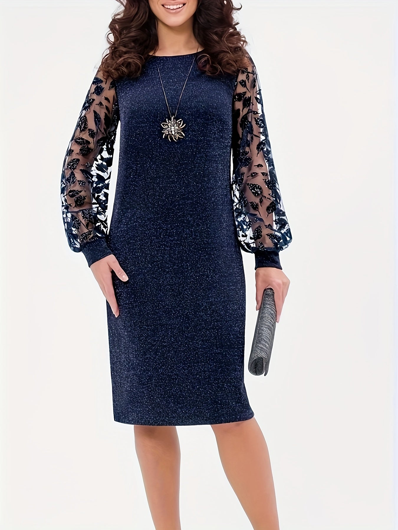 New Spring/Autumn Dress with Mesh Patchwork, Round Neck, Long Sleeves, Fashionable Fabric, Fit Dress