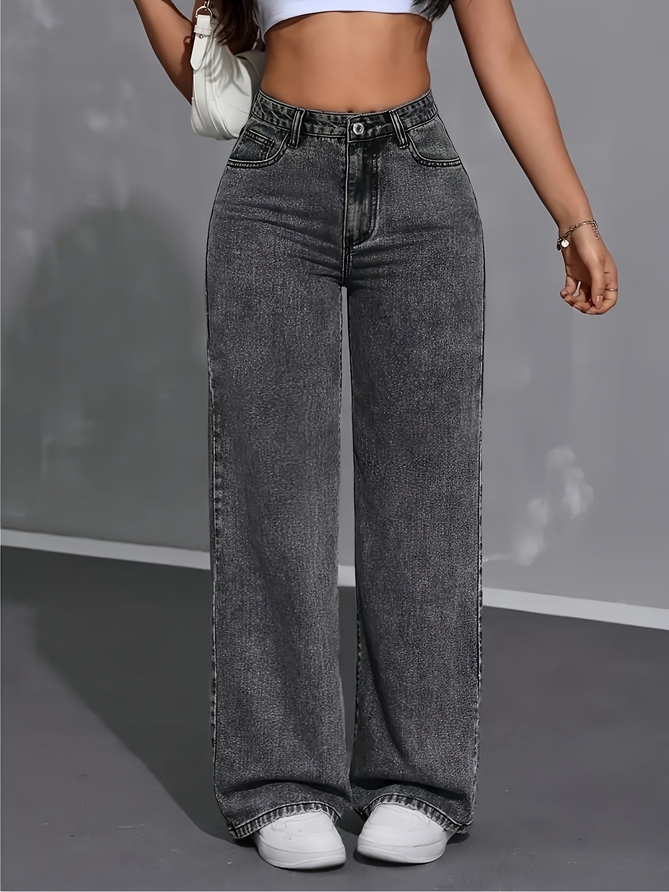 Pantalon Femme Stretch à Jambes Droites – Jean Large à Taille Haute, Finition Gris Délavé Effet Neige, Style Rétro