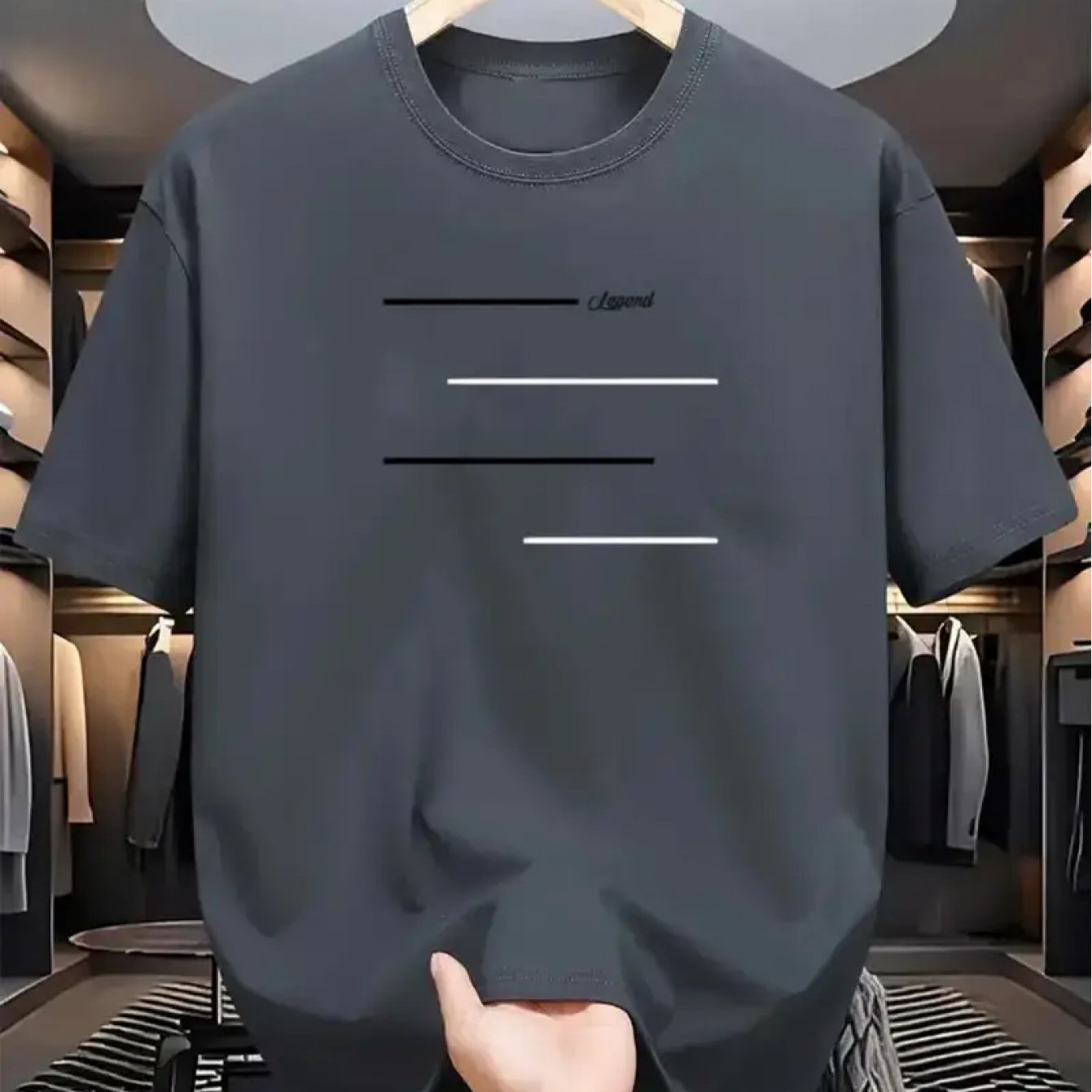 100% Cotton Unisex Loose Fit T-Shirt, Round Neck, Pure Cotton Positioning Print, 4pcs Horizontal Line Pattern, Casual Short Sleeve, Comfortable for Middle-Aged and Young Men, Trendy Adult T-Shirt XZL13