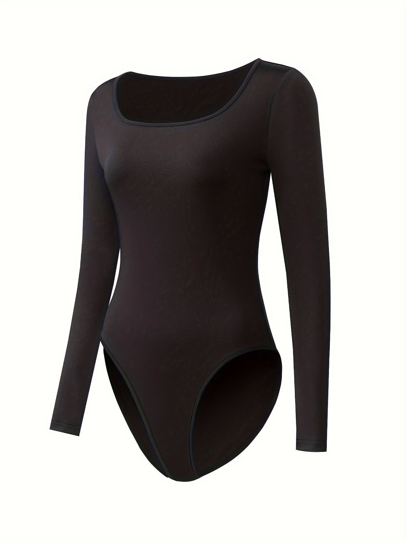 Body femme à manches longues, col carré, en polyester extensible et spandex, couleur unie, style combishort de yoga avec culotte intégrée