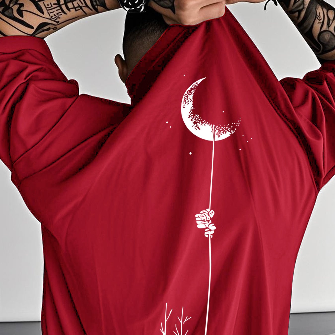 Moon and Trees Design Front & Back Graphic Crew Neck Cotton Summer Fashion Short Sleeve Casual Daily Style Top with Unique Geometric Pattern, Suitable for Spring/Summer Outdoor Activities