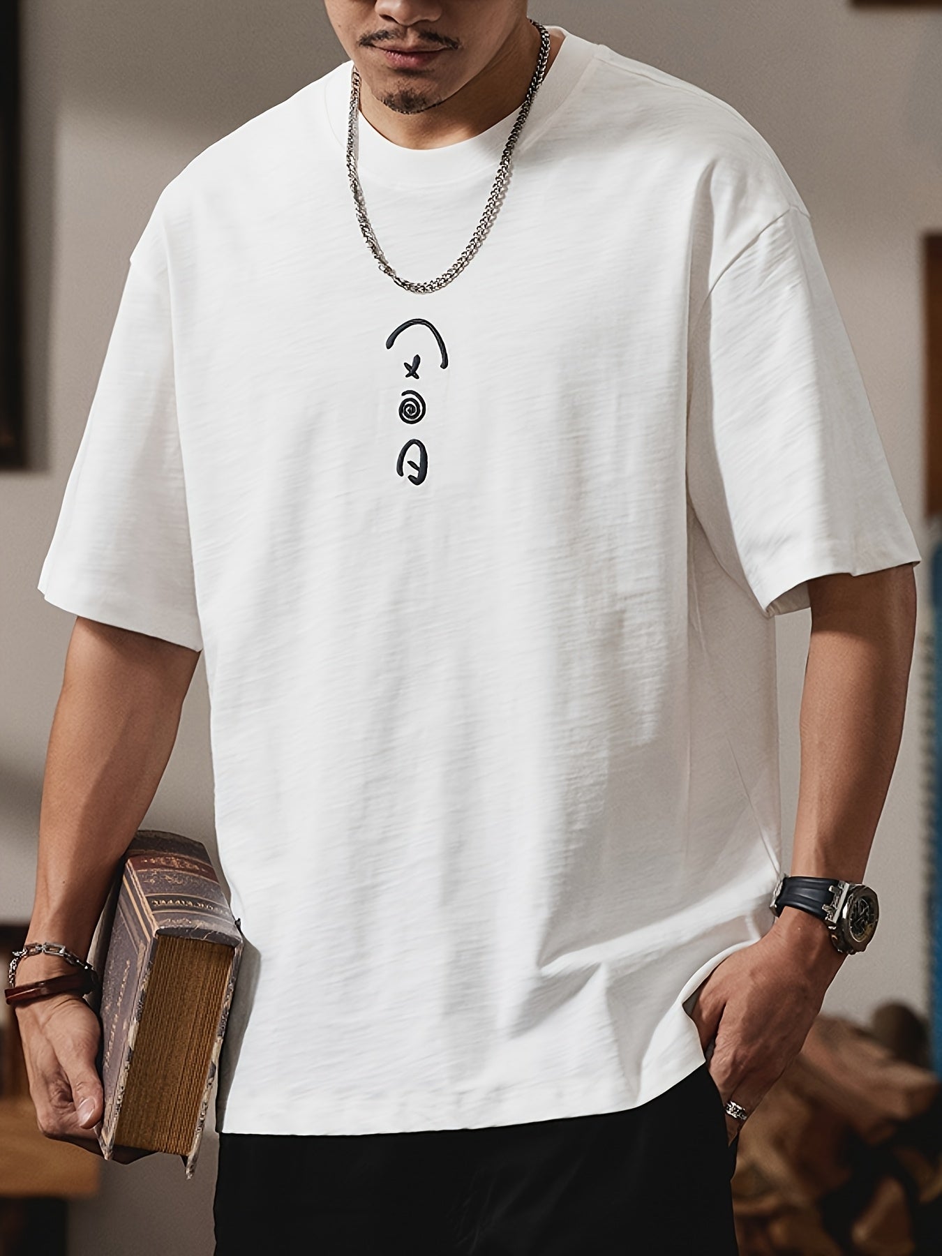 Men's Heavyweight 100% Cotton Oversized T-Shirt with Music Note & Headphone Graphic Chest Print - Breathable Summer Casual Round Neck Long Sleeve Loose Fit Tee for Casual Attire, Music Events & Lounge Outfits