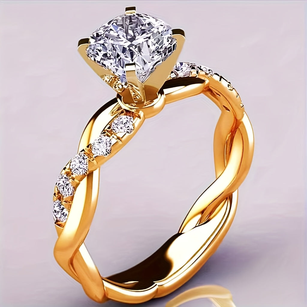 Classic 4-Prong Cubic Synthetic Zirconia Engagement Ring, Twisted Wedding Band with Multiple Synthetic Sparkling Synthetic Zirconia Stones, Women's Marriage and Engagement Jewelry, Suitable for Ladies, Party Gift