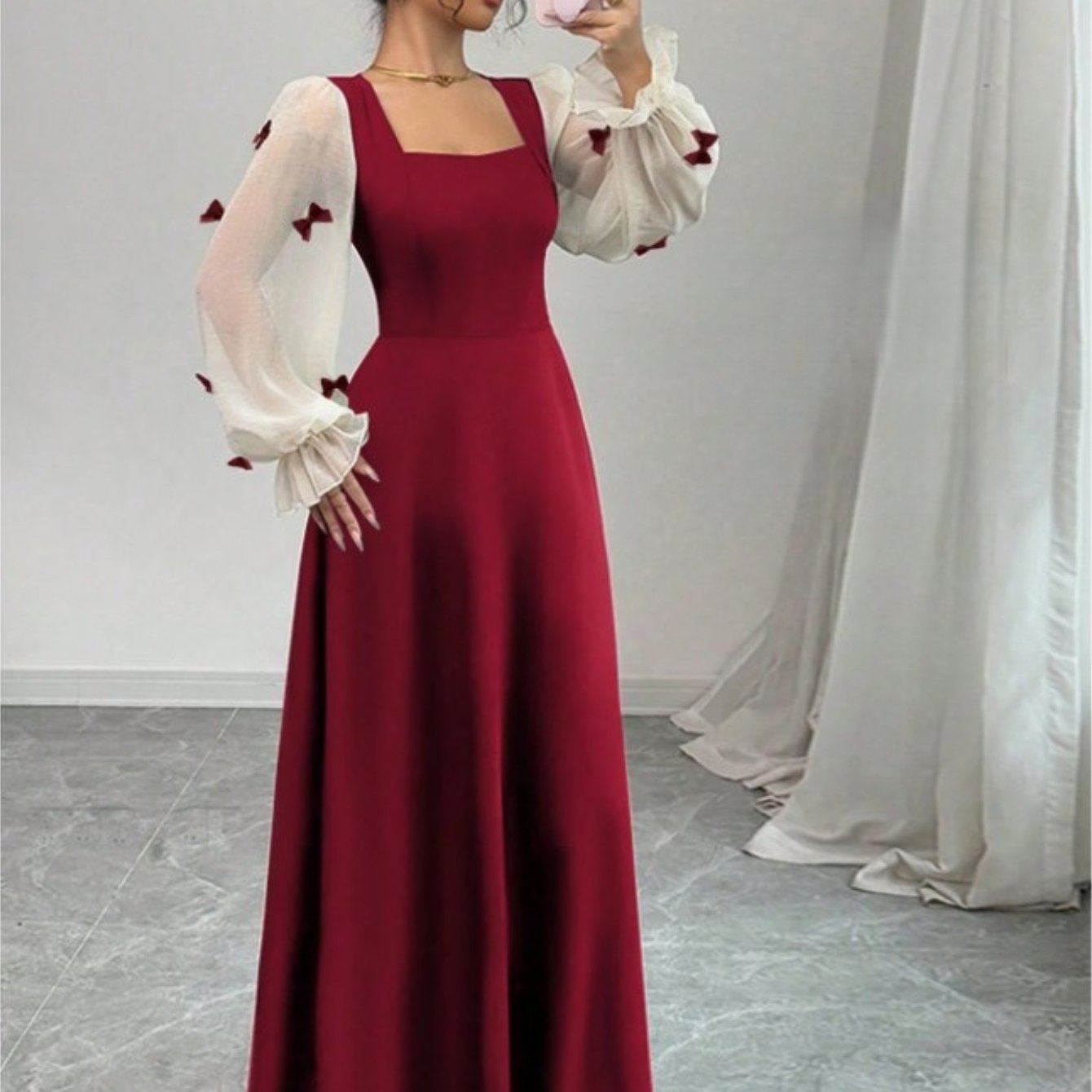 Robe élégante femme rouge bordeaux – manches bouffantes, col carré, nœud à la taille, coupe A-line longue, formelle pour soirées et mariages, lavable en machine, toutes saisons, adaptée aux talons courts ou chaussures plates