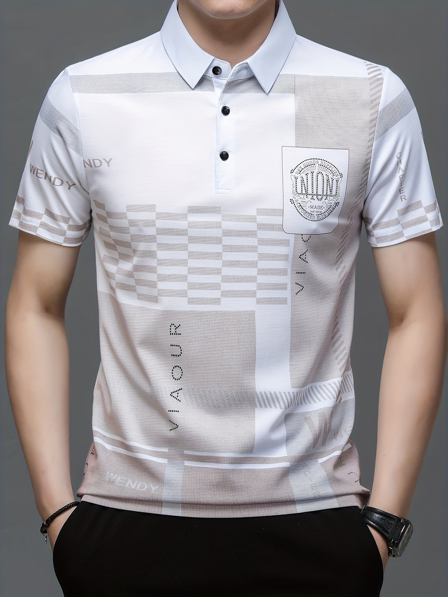 A Set of Two 380G Short-Sleeve Polo Shirts with a Collar, Featuring a Stylish Plaid Design And English Decorations for Men, Perfect for Summer.