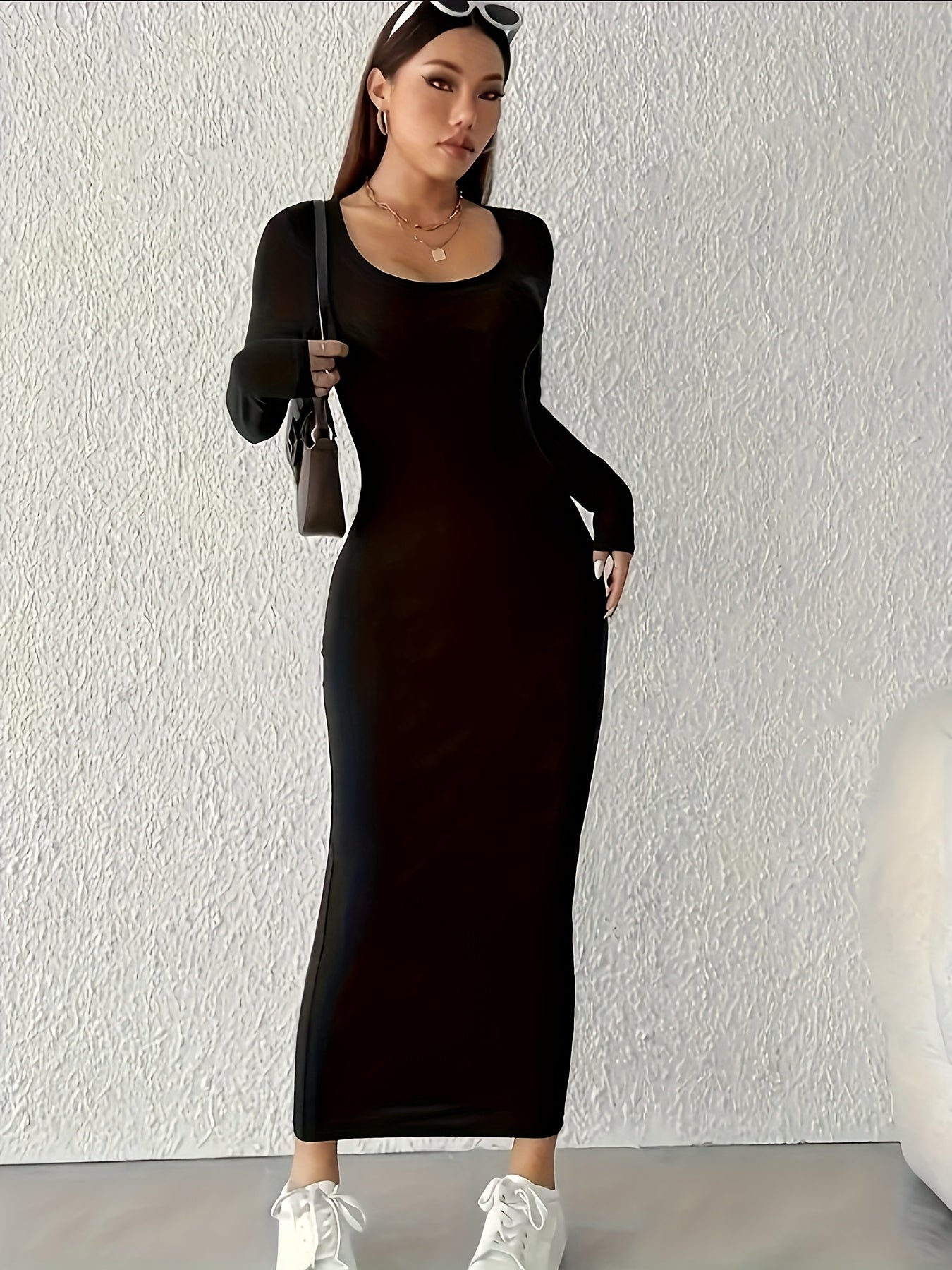 Women's Elegant Stretch A-Line Dress - Long Sleeve -Length Formal & Semi-Formal Wear, Wrinkle-Resistant Polyester/Elastane Blend, Machine Washable Wedding Guest Gown, Office to Party Dress (Spring/Autumn)