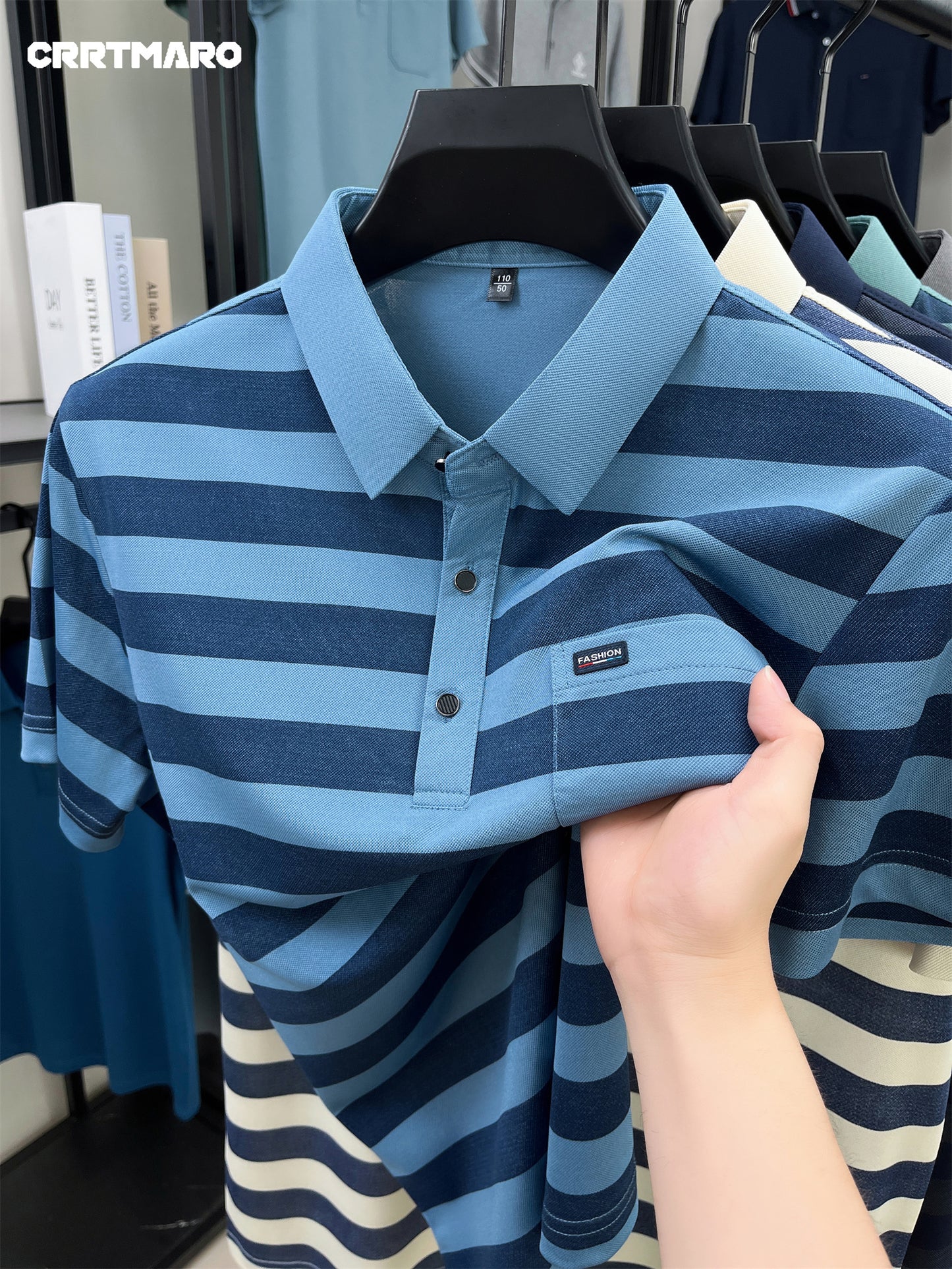 Men'S CRRTMARO Summer Striped Short Sleeve Polo Shirt with Chest Pockets - Casual, Button-Up, Regular Fit, Slight Stretch Fabric, Ideal for Hot Weather, Casual Summer Wear|Striped Pattern|Polyester Fabric