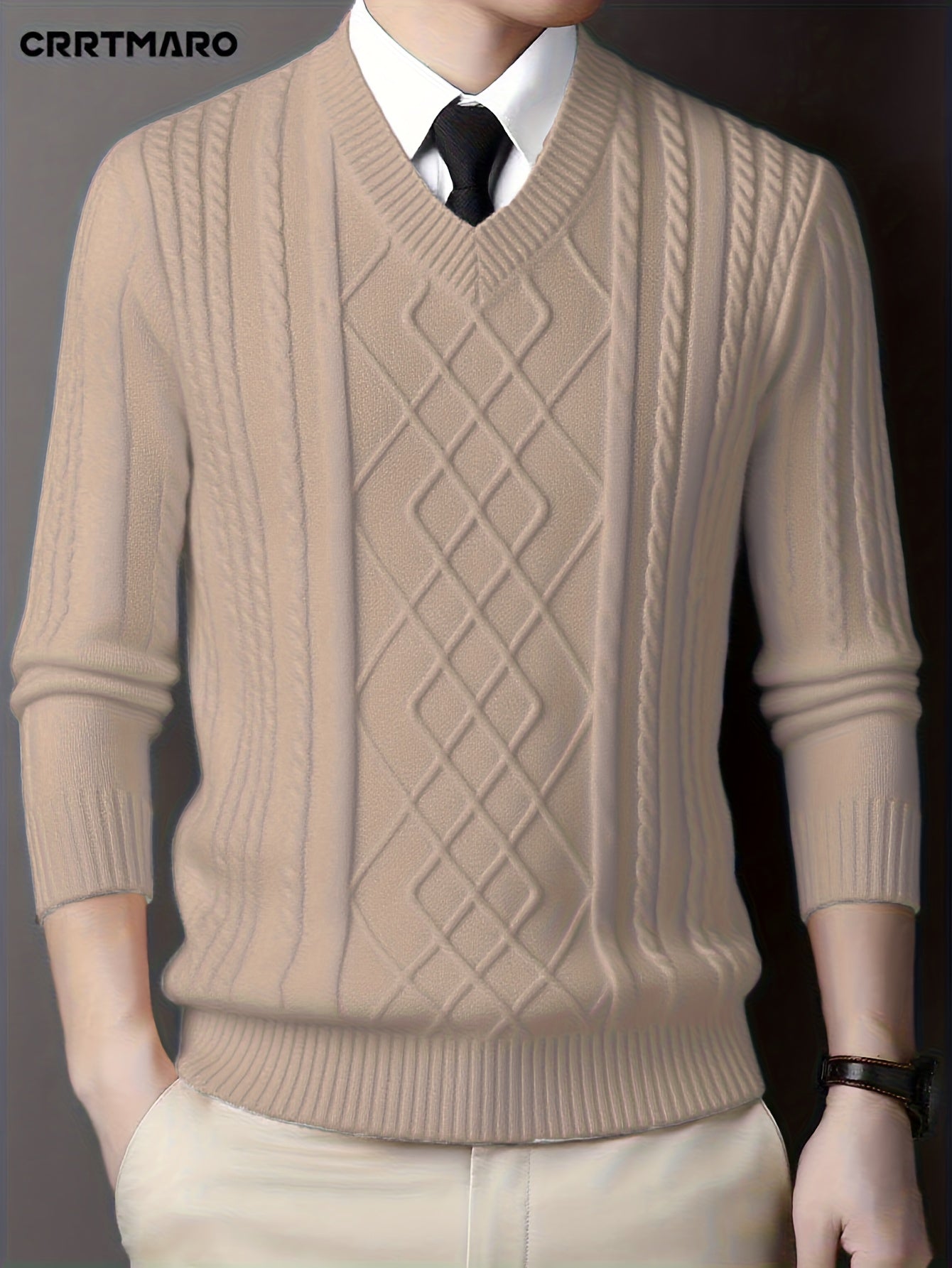New Men's Knit Sweater with Twisted Floral V-Neck Long Sleeve Casual Top