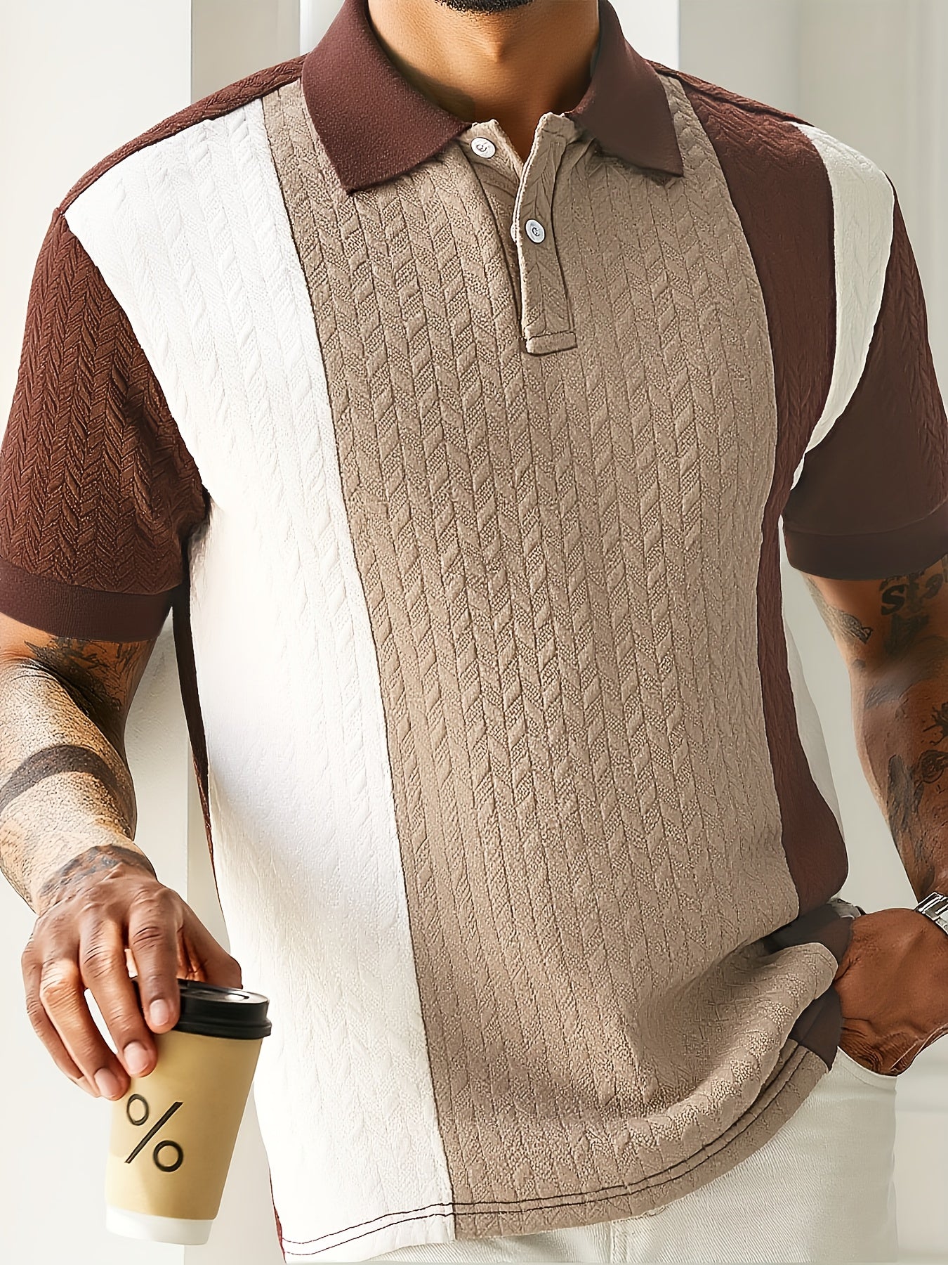 Men's Summer Shirt - Short Sleeve Geometric Pattern Button-Up Collar, Contrast Color Block Design, Breathable Knit Fabric, Machine Washable Casual Top for Office & Leisure, Relaxed Fit Apparel, Easycare Clothing