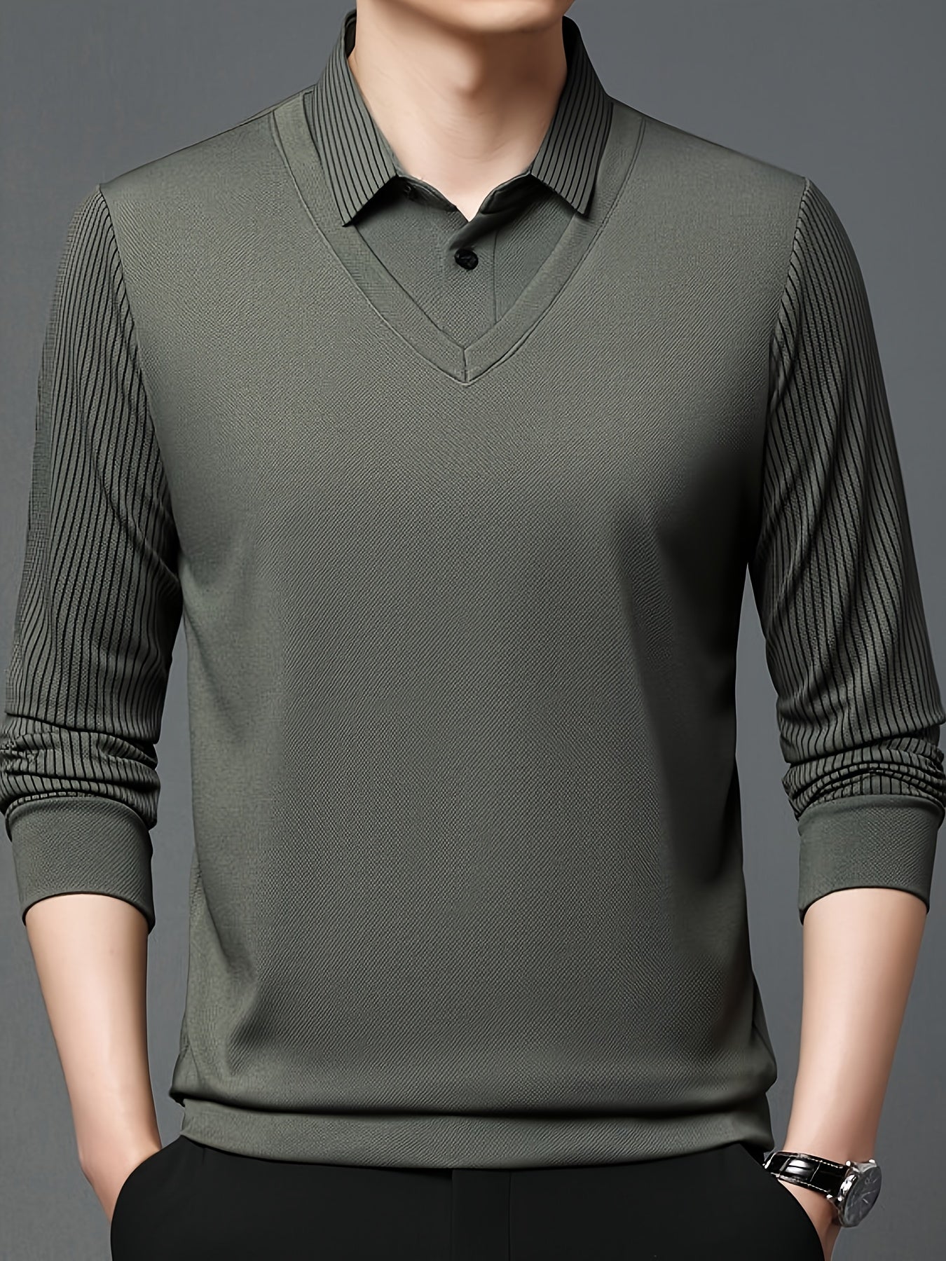 Men'S Casual Two-Tone Polo Shirt - Lightweight Loose Fit Solid Color Top with Button Collar, Long Sleeves, and Chest Pockets for Spring/Fall, Perfect for Casual Attire, Spring Fall Apparel | Classic Collar Design | Slight Str