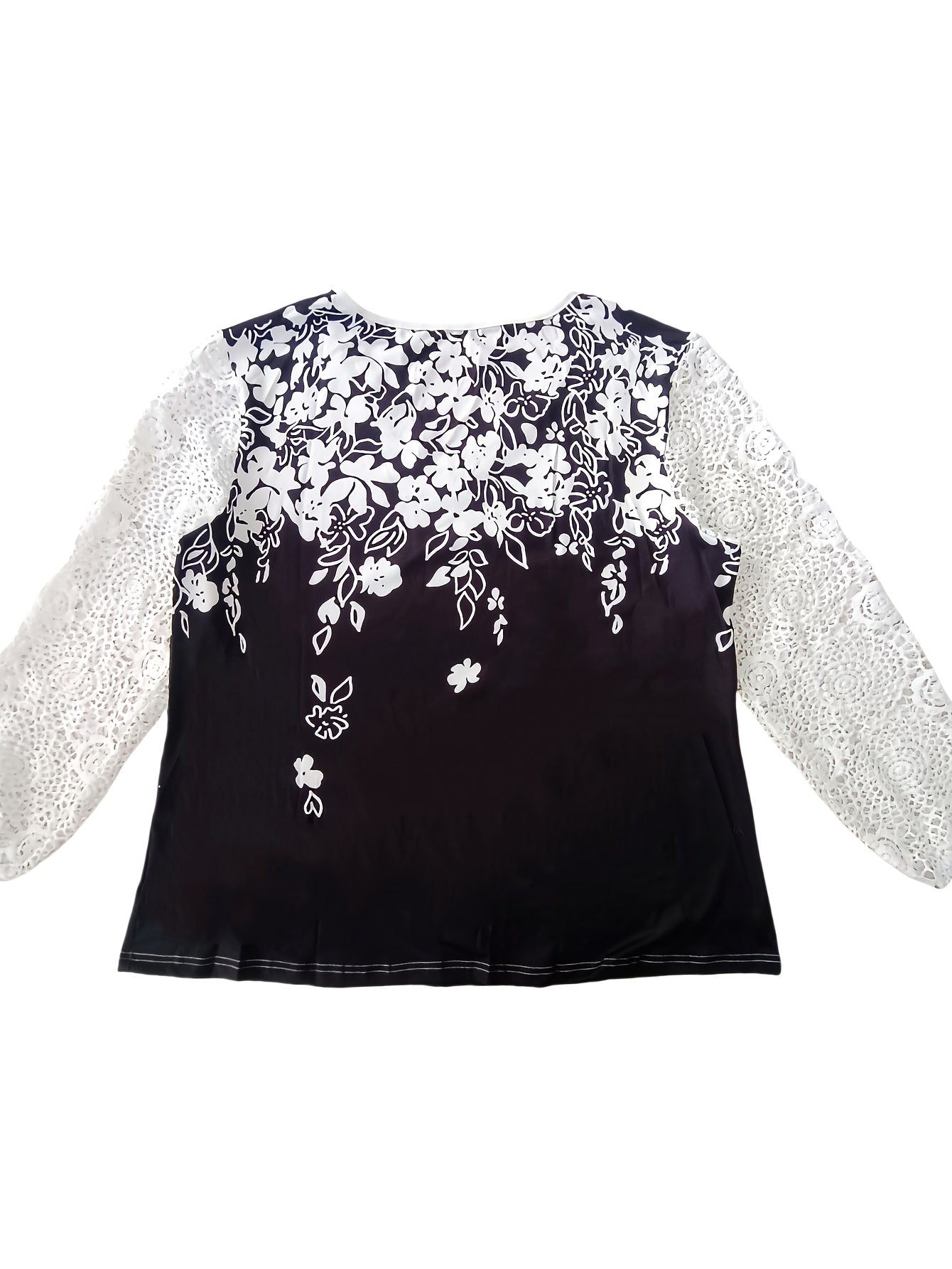 T-shirt élégant à col V fleuri avec dentelle, polyester, léger stretch, grande taille