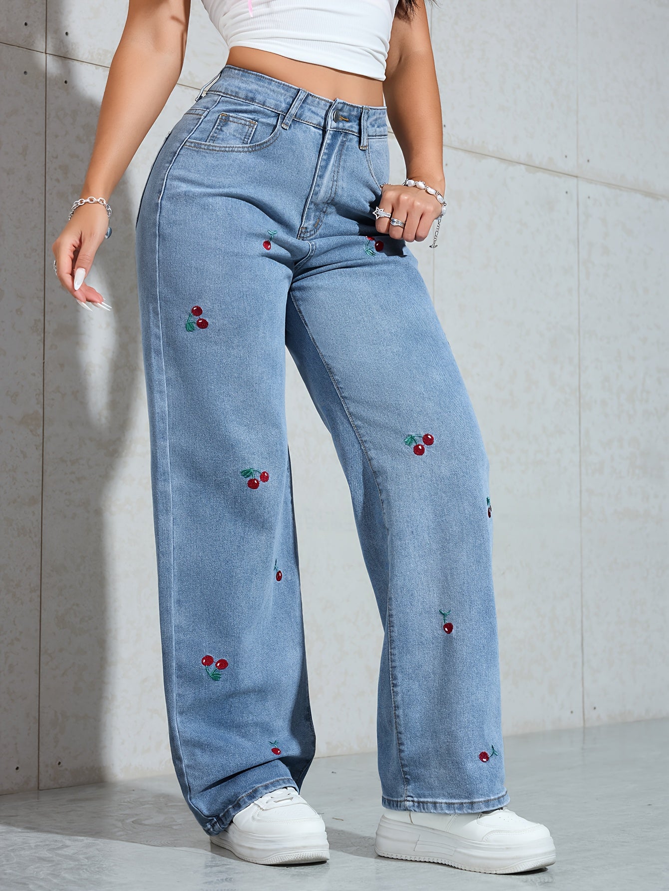 Jeans Femme Jambe Droite Large Faux Denim Broderie Cerise Extensible Effet Usé Confort Toute Saison Décontracté Durable