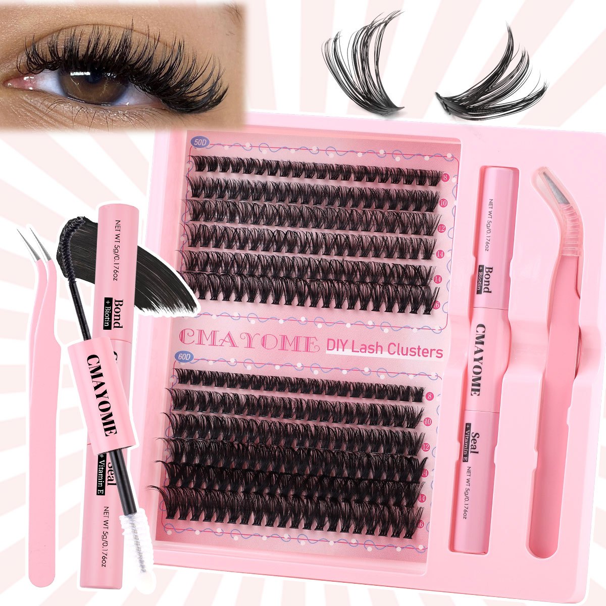 Kit d’extensions de cils DIY – cils naturels style fairy 30D/40D/50D/60D, longueurs mixtes 10-16 mm, courbure D, effet agrandissant les yeux, cils cartoon naturels, colle scellée et pince incluse