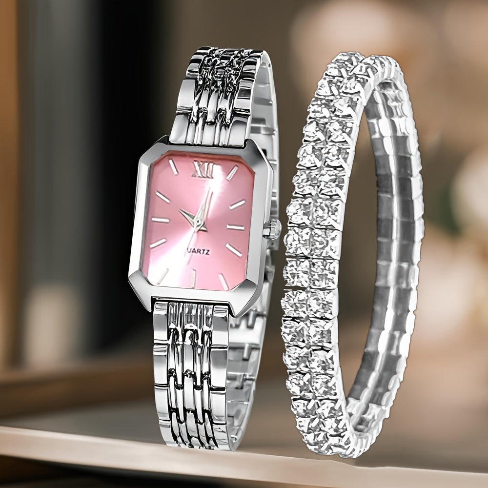 Coffret Cadeau Montre Femme – Lot de 2 Pièces Élégantes, Montre Style Classique avec Bracelet de Luxe, Cadran Rectangulaire Rétro, Bracelet Confortable en Alliage, Idéal Cadeau Famille et Amis, Parfait pour Pâques ou Tenues Décontractées