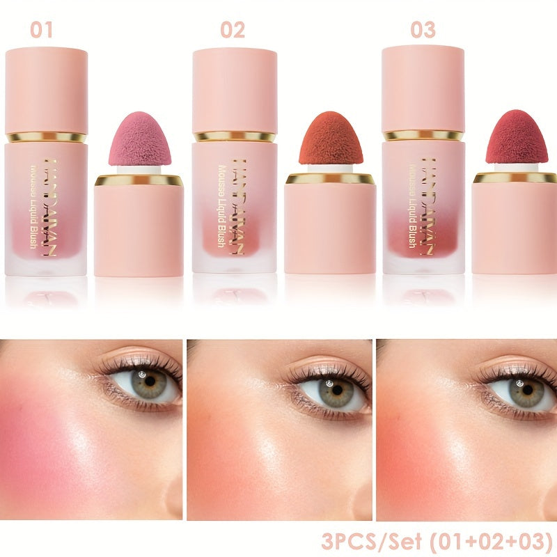 Set de 3 Blush Liquide – Texture Douce, Tenue Longue Durée, Couvrance Moyenne, Teintes Berry et Nude, Blush Crème Naturel pour Joues