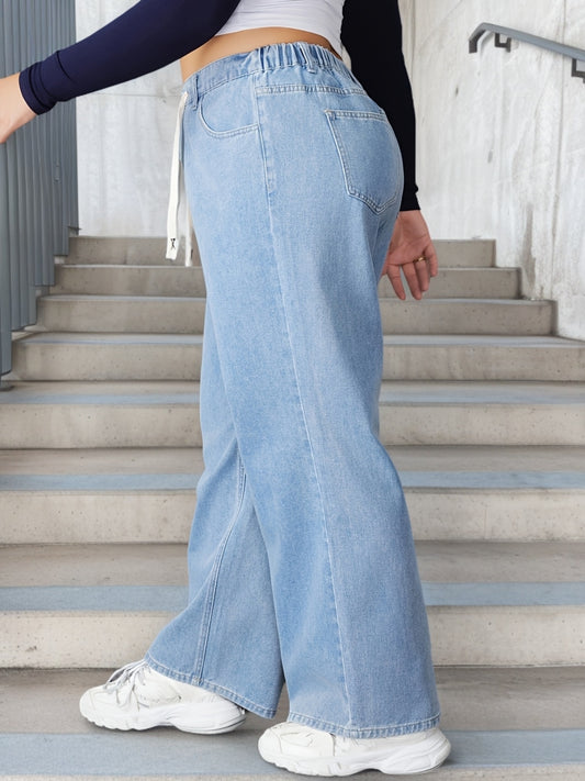 Jeans Femme Grande Taille Taille Haute Jambe Large Non Extensible Ceinture Cordon Toute Saison Polyvalent
