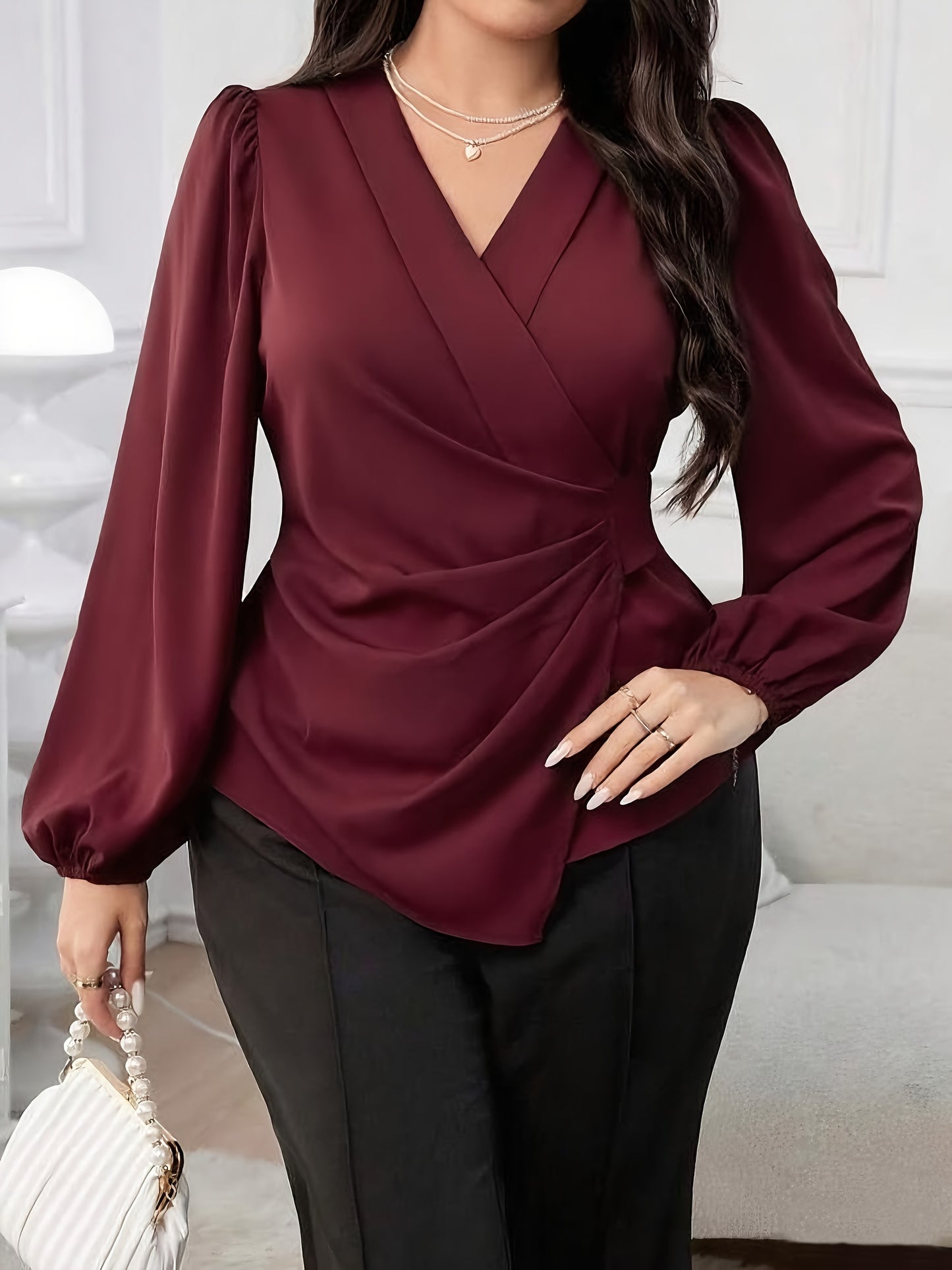 Chemise Femme Grande Taille Élégante – Manches Lanterne, Col V, Ourlet Asymétrique, Sans Extensibilité