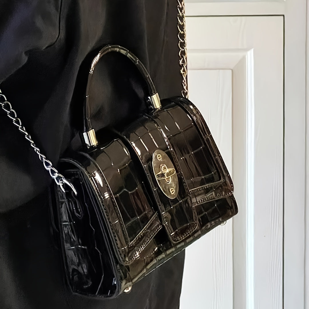 Sac à main effet crocodile brillant pour femme, bandoulière chaîne amovible, fermeture dorée, petit sac à main léger et durable, noir