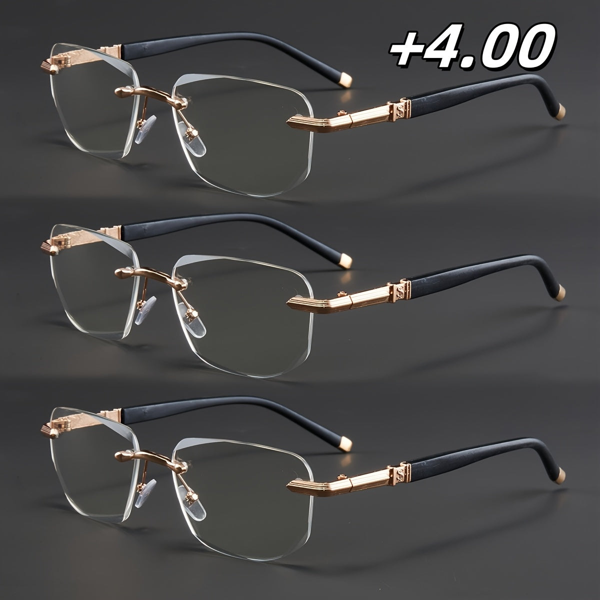 3-Pack, Stylish Men's Frameless Reading Glasses, Elegant Metal Frame, Options: 100, 150, 200, 250, 300, 350, 400 Degrees,christmas Gifts