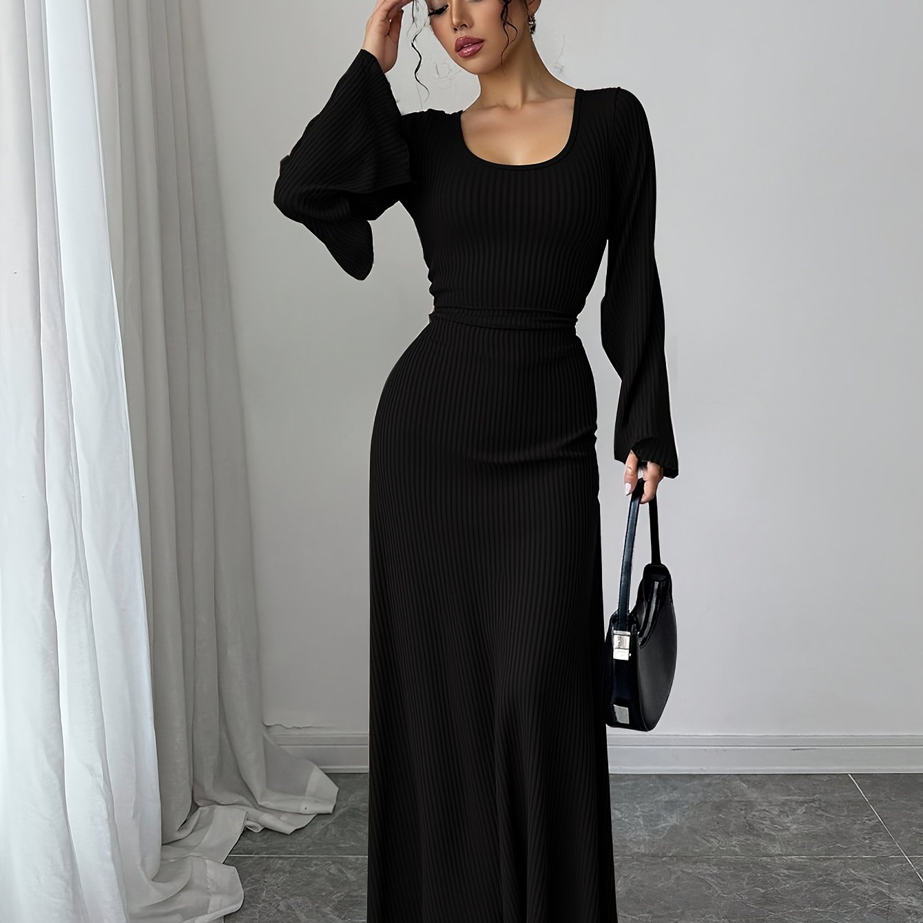Robe Maxi Traditionnelle Femme Élégante – Couleur Unie, Manches Bouffantes, Nœud au Dos, Silhouette A-Ligne, Col Rond, Longue, Idéale Événements Formels