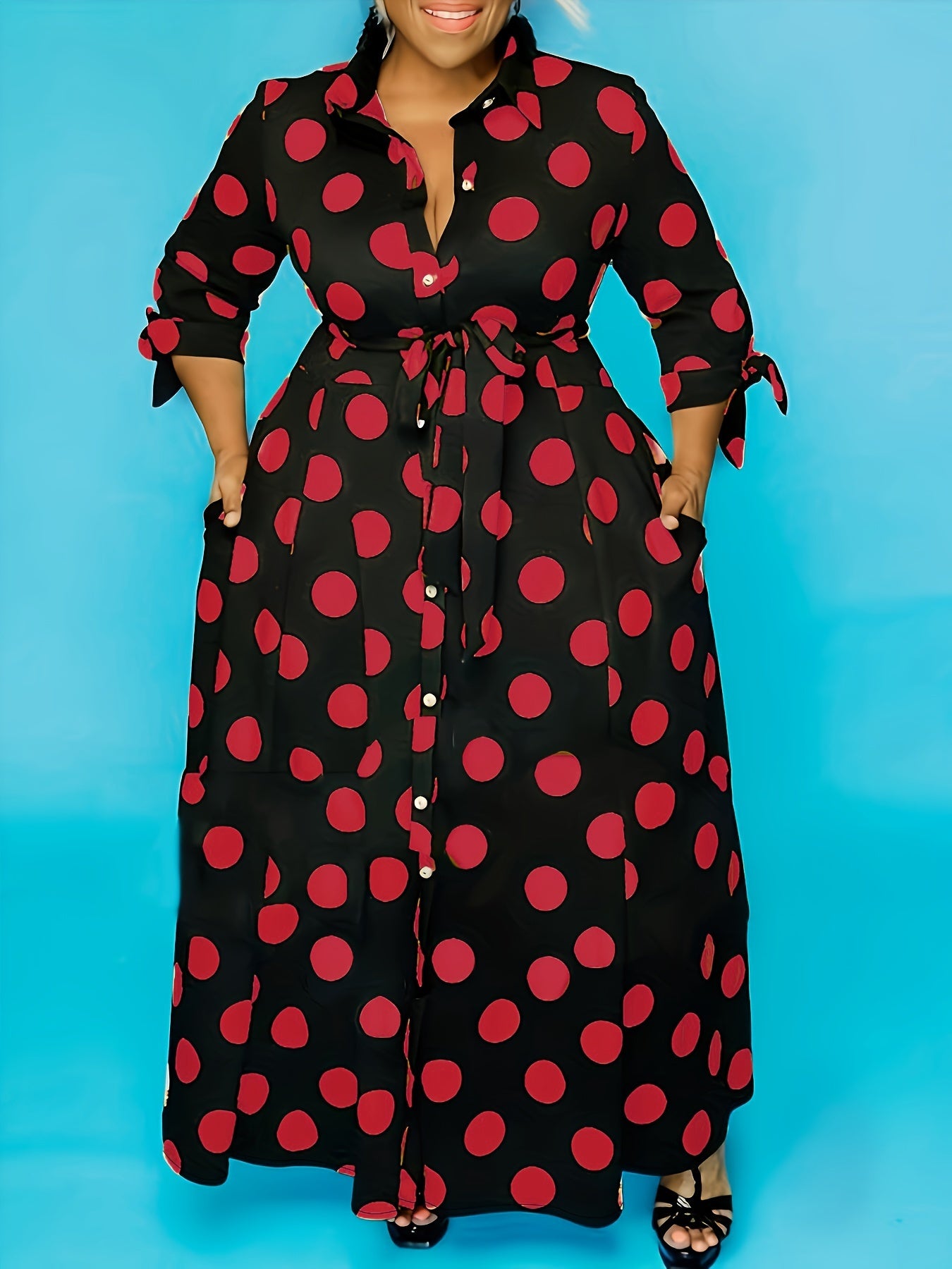 Robe Élégante Grande Taille – Femme, Maxi Robe à Pois, Boutonnée, Col avec Ceinture