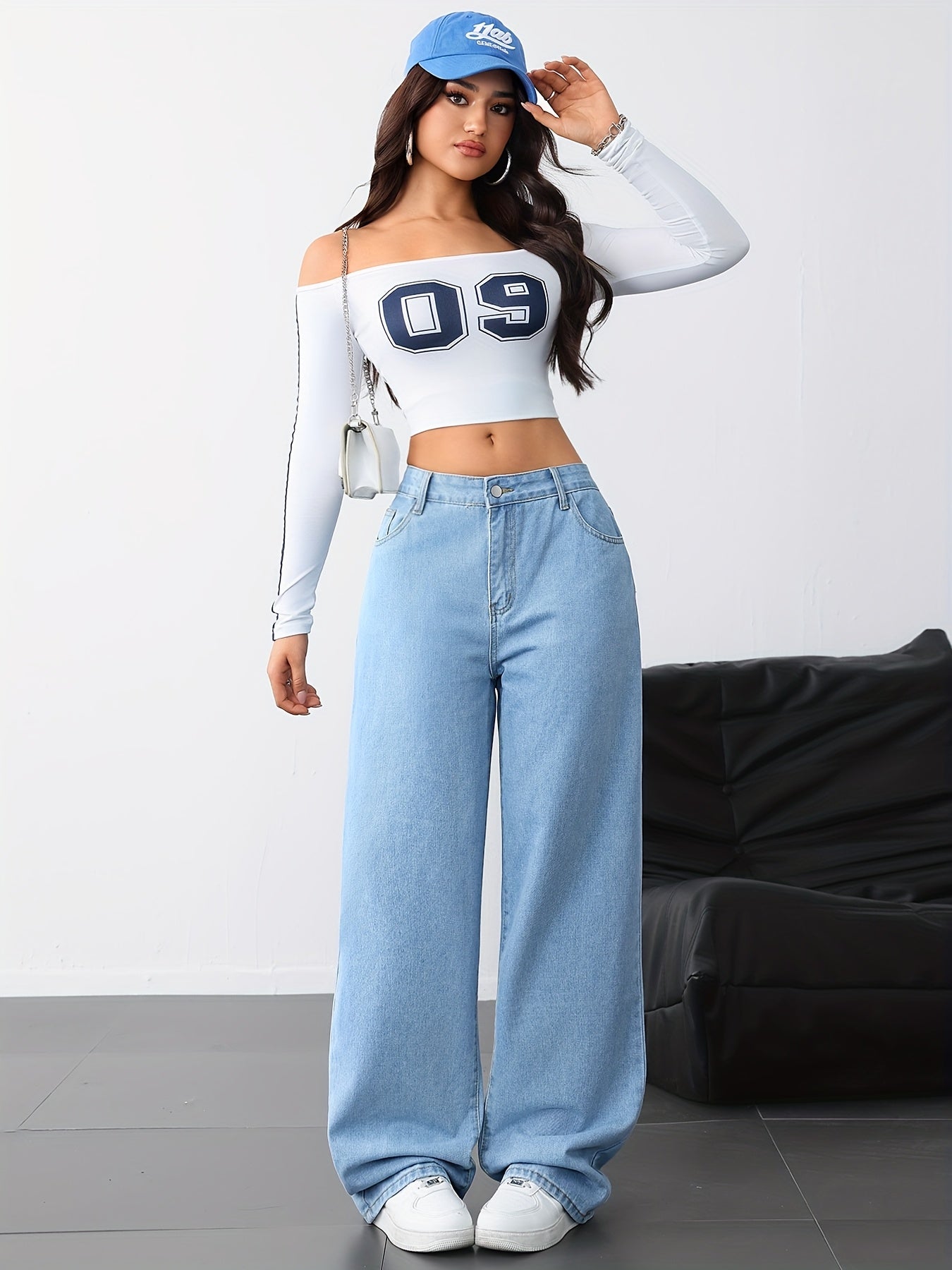 Jeans Femme Jambe Droite Bleu Clair Denim Effet Usé Non Extensible Toute Saison Décontracté Streetwear