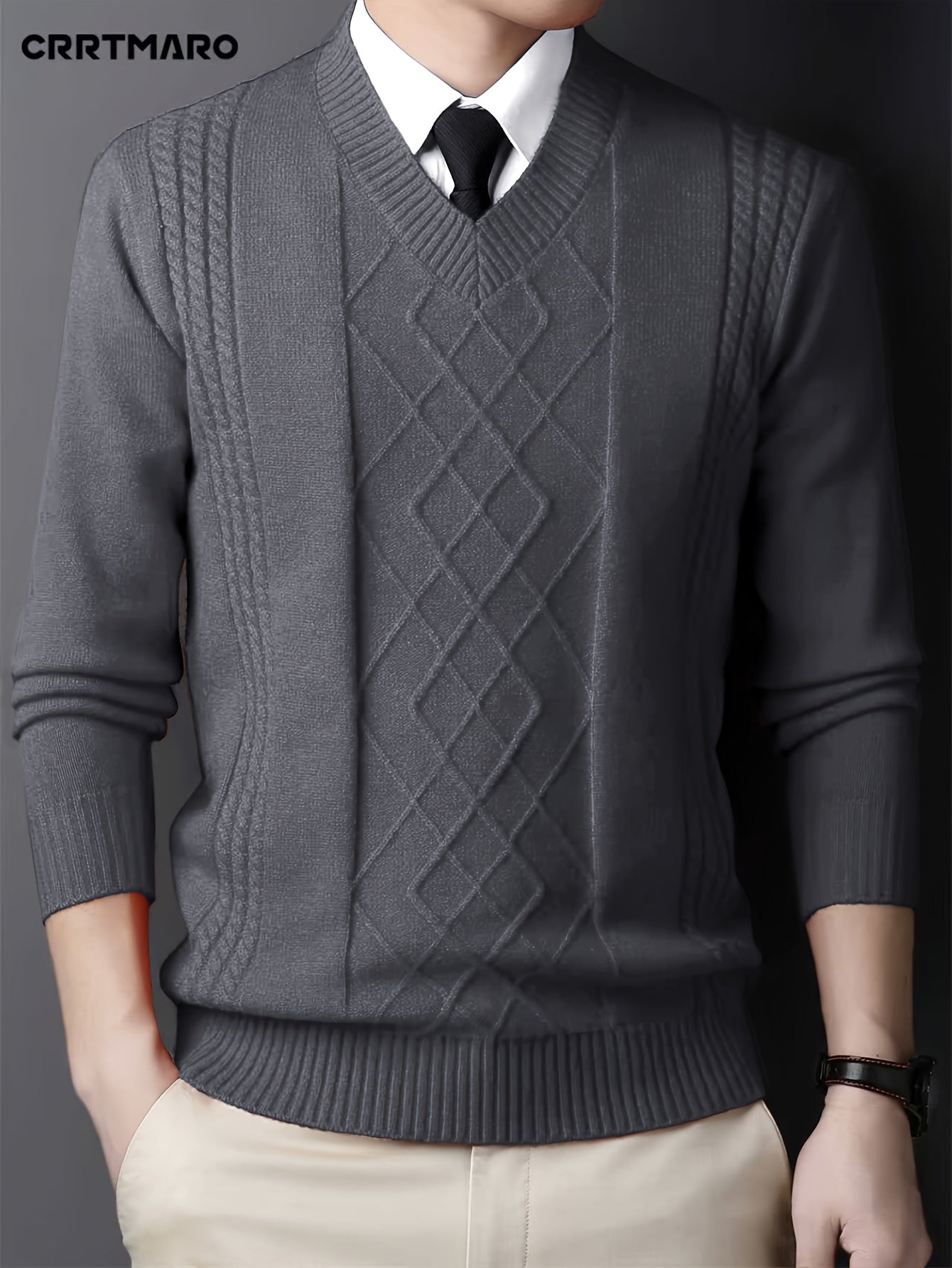 New Men's Knit Sweater with Twisted Floral V-Neck Long Sleeve Casual Top